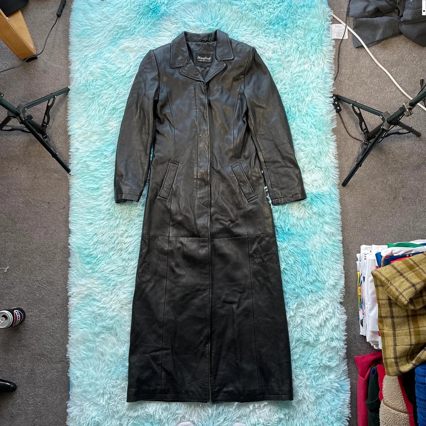 Vintage 90s Black Leather Duster Trench Coat - Medium