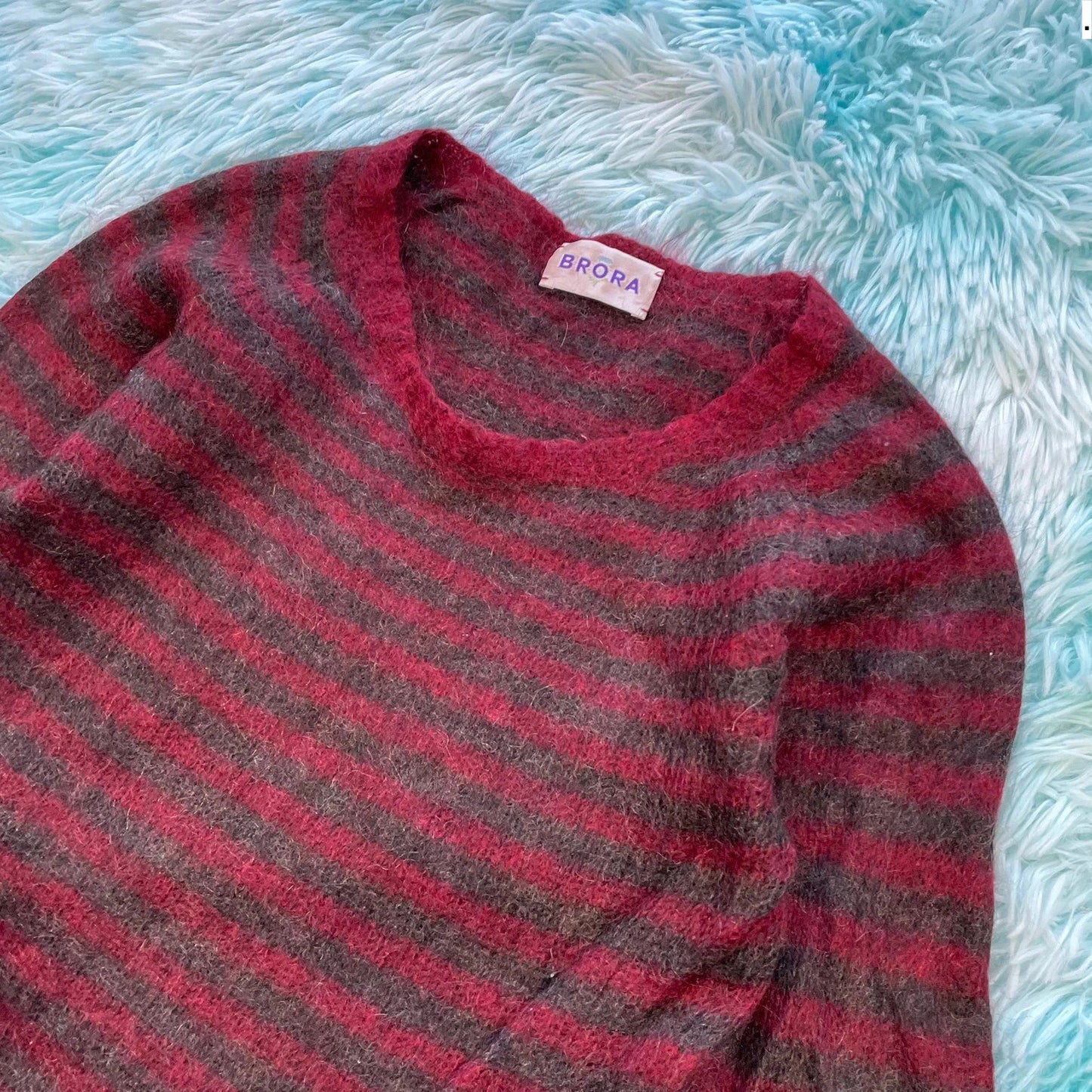 Red & Burgundy Striped Brora Knitted Jumper - Size 12