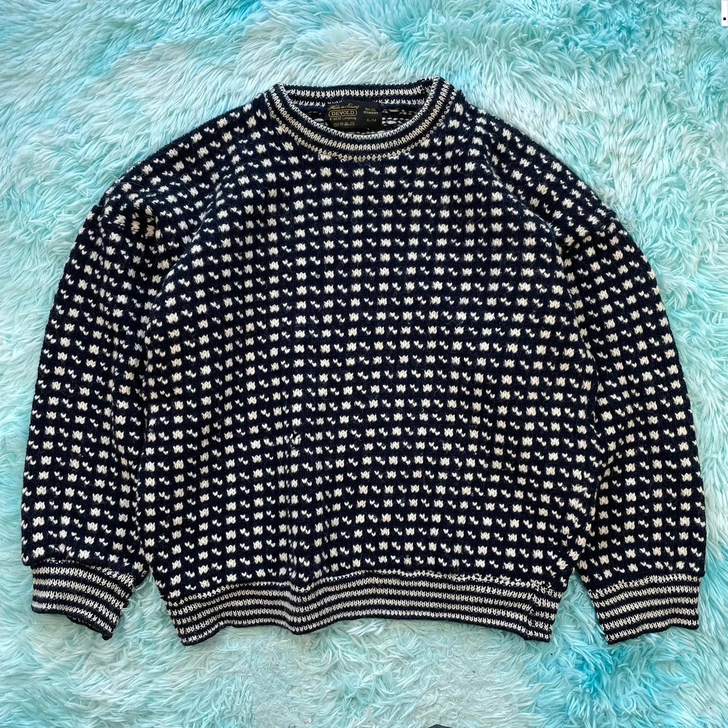 Vintage 90s Navy & White Norwegian Knitted Jumper - XL