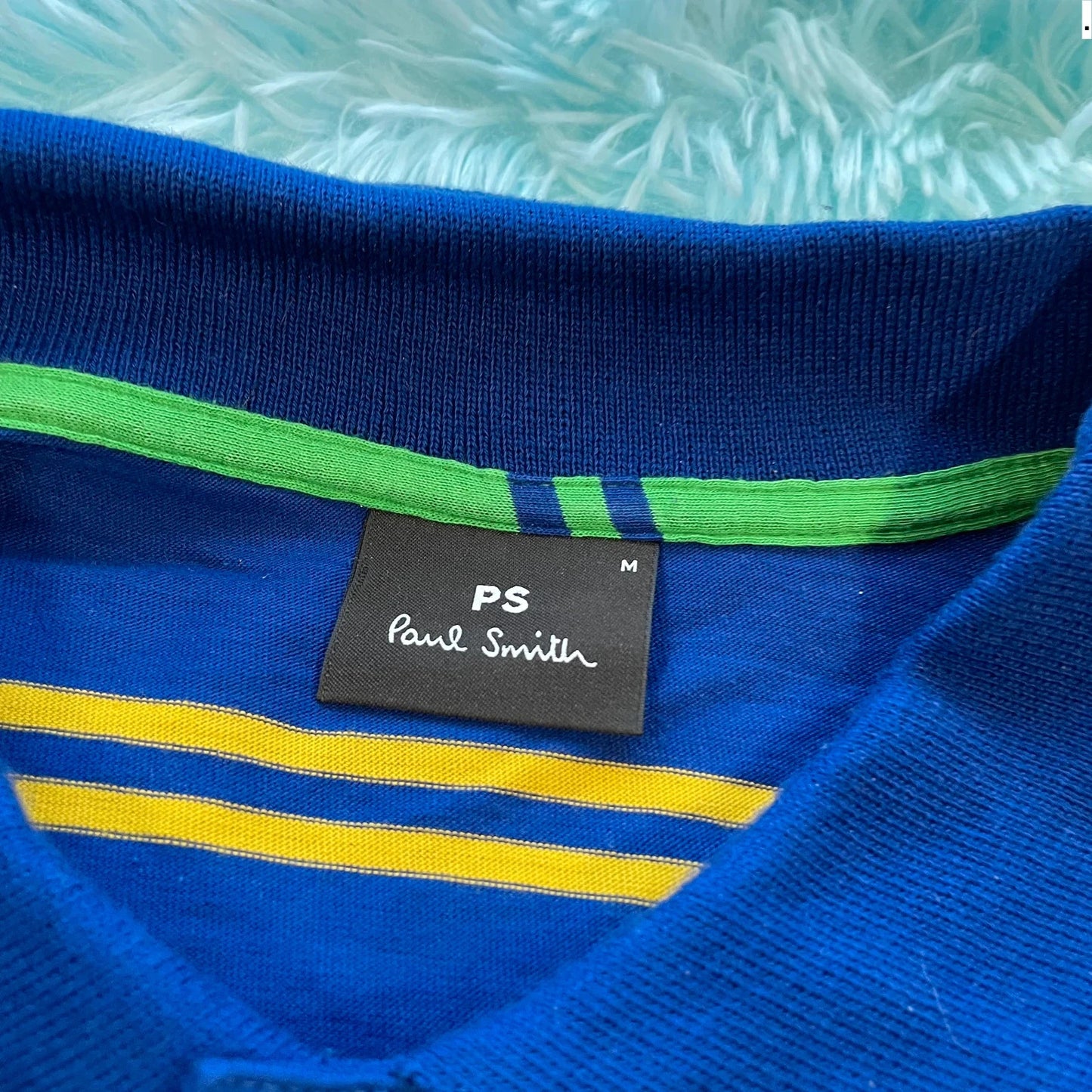 Blue & Yellow Striped Paul Smith Polo Shirt Long Sleeve - Medium