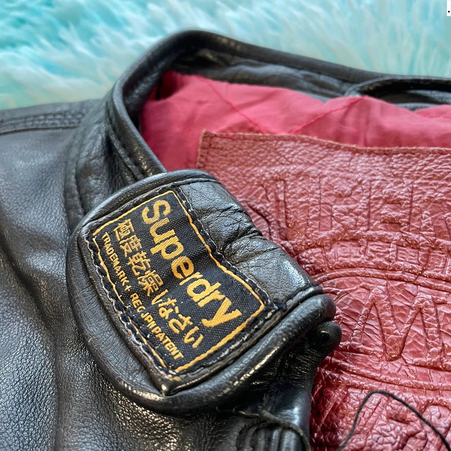 Vintage Black Superdry Leather Biker Jacket - XL