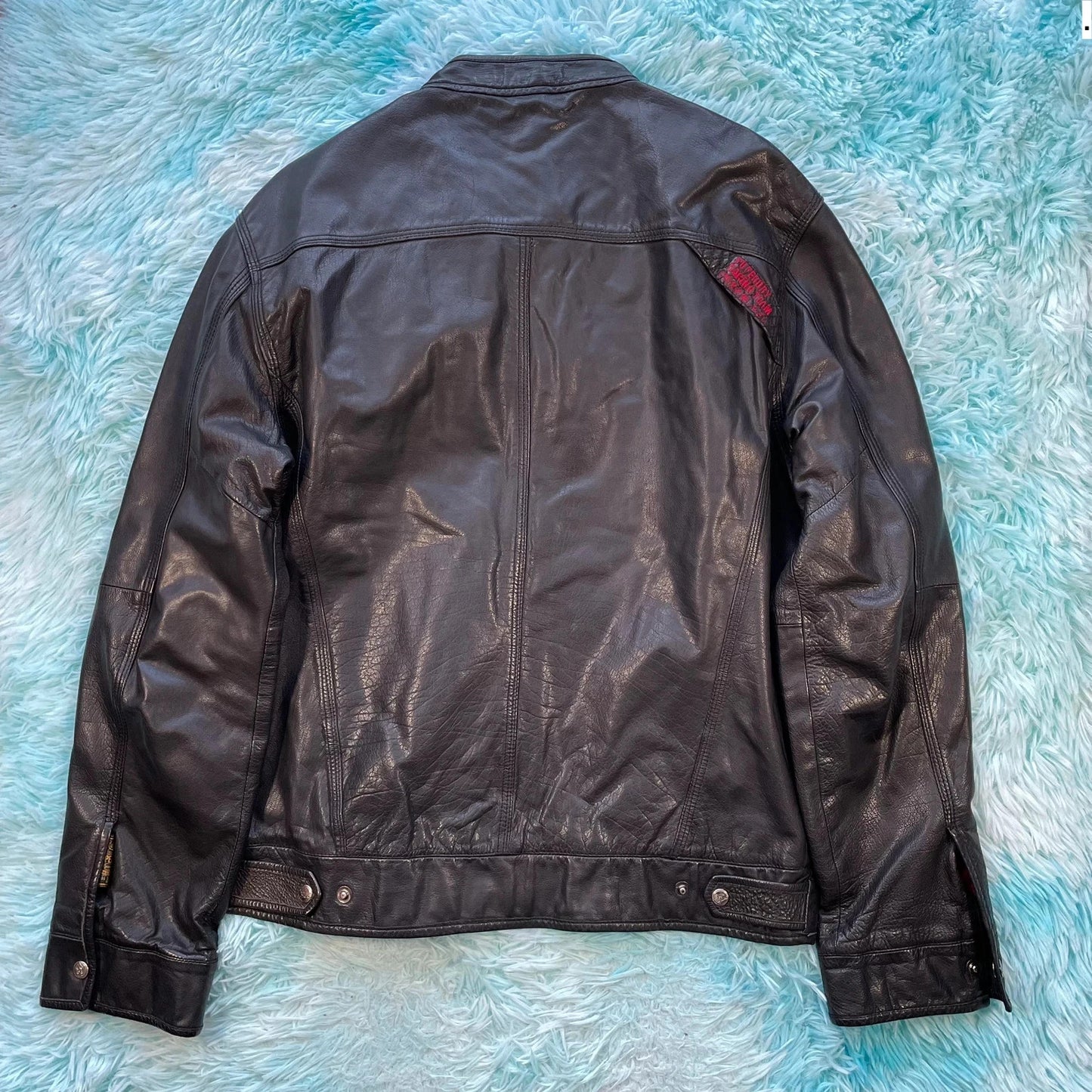 Vintage Black Superdry Leather Biker Jacket - XL
