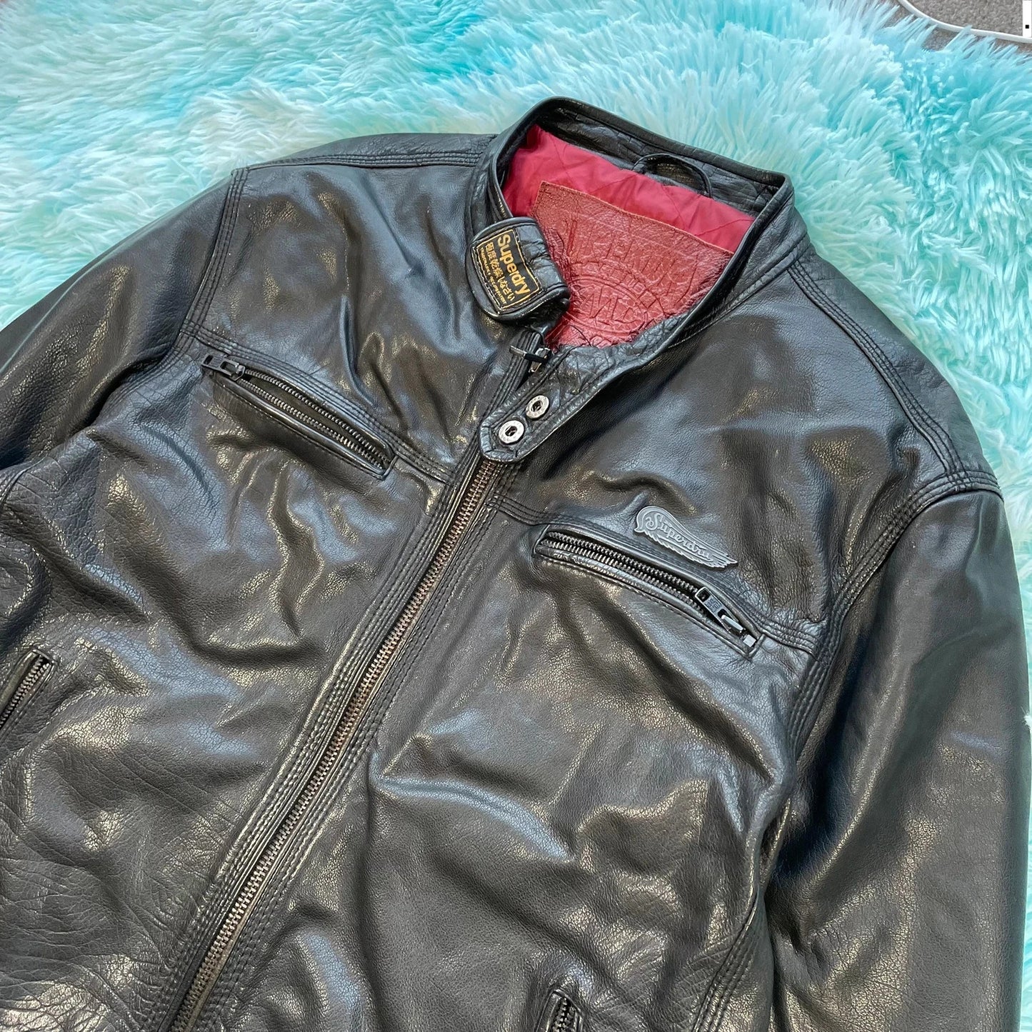 Vintage Black Superdry Leather Biker Jacket - XL