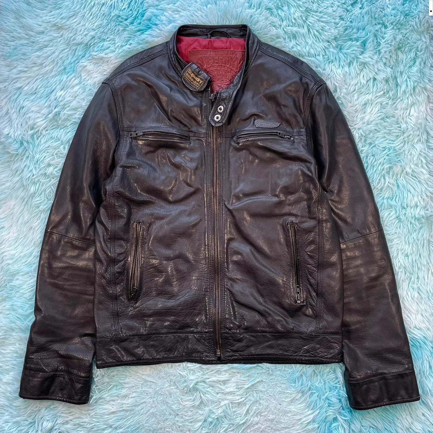 Vintage Black Superdry Leather Biker Jacket - XL