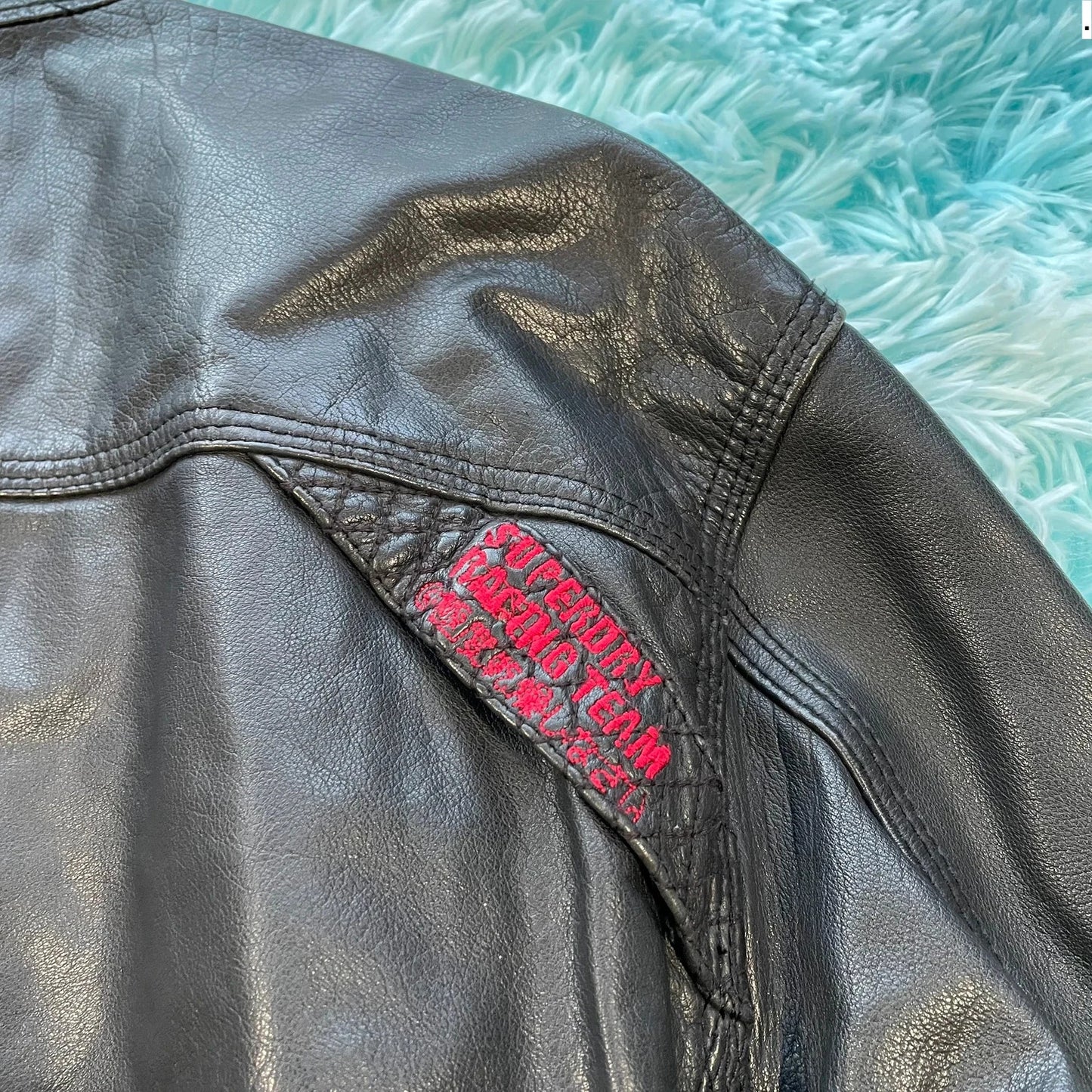 Vintage Black Superdry Leather Biker Jacket - XL