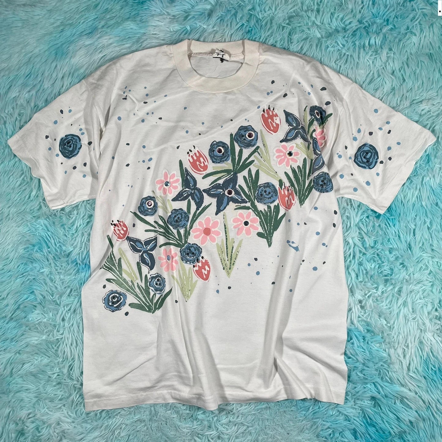 Vintage 80s White Floral Graphic T Shirt - Large