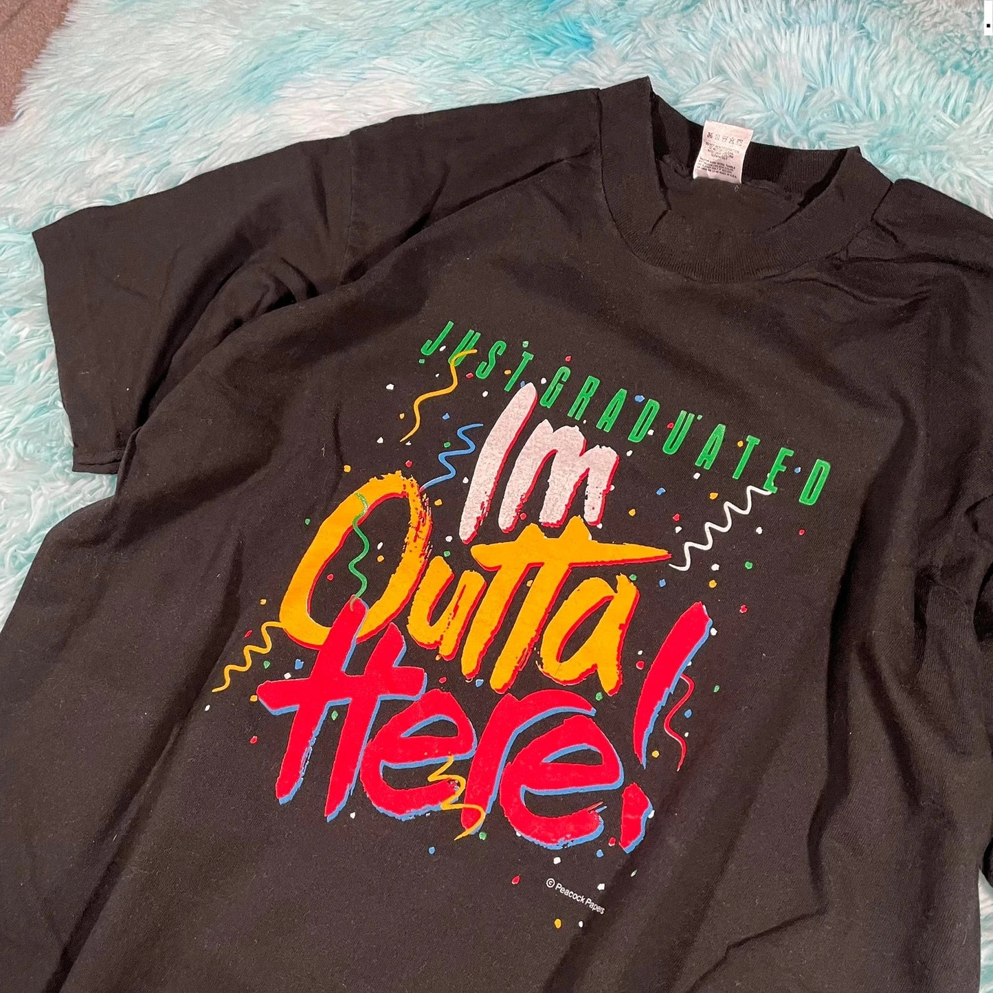 Vintage 90s Black Graduation Print T Shirt - Large