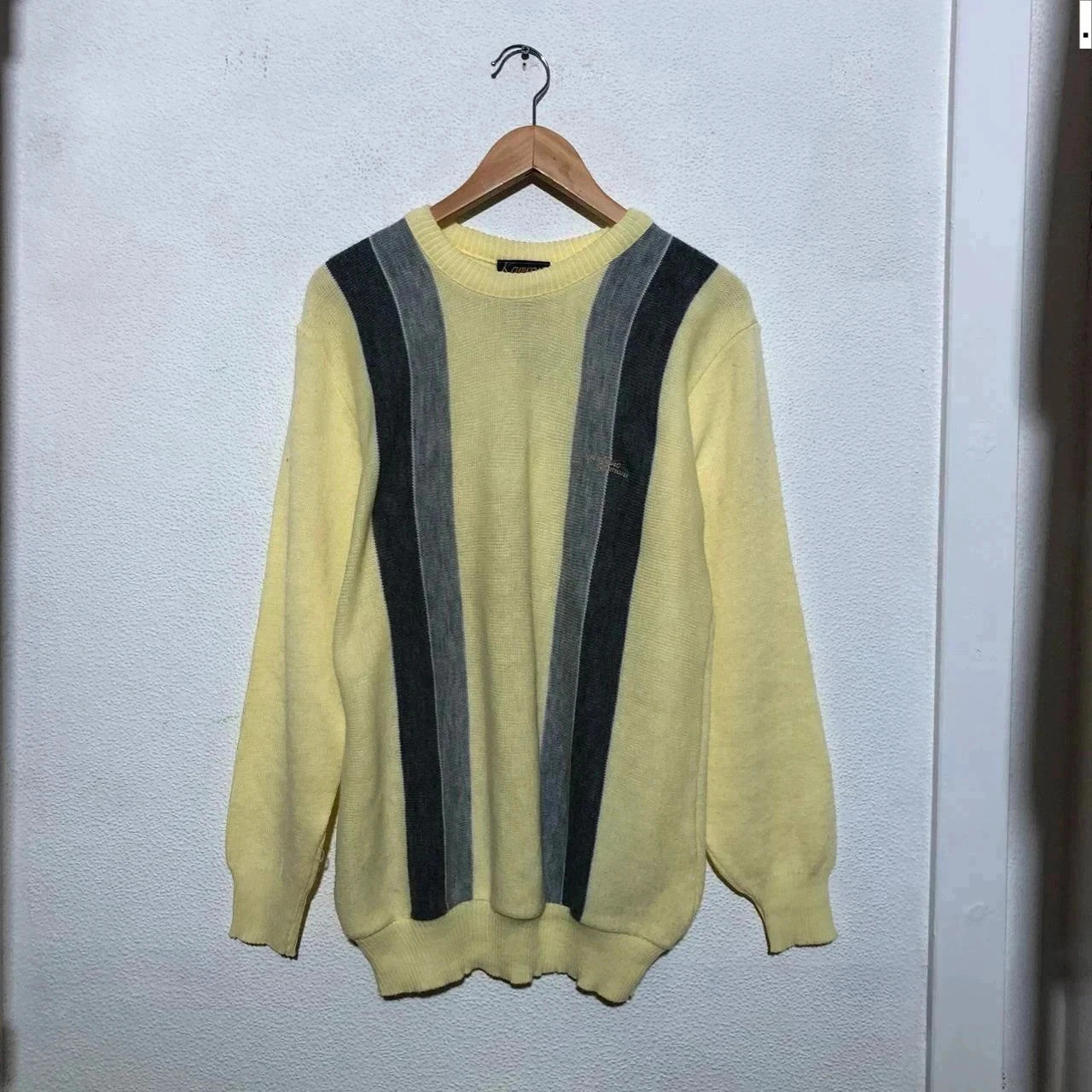 Vintage 80s Yellow Striped Grunge Patterned Knitted Jumper - Large