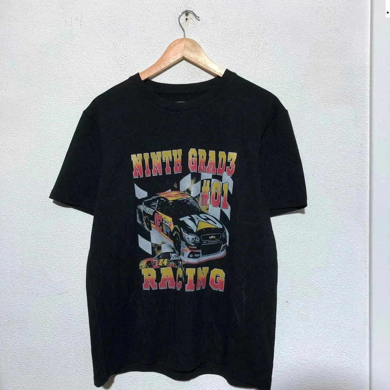 Vintage 00s Black Nascar Racing T Shirt Cat Car Graphic - Medium