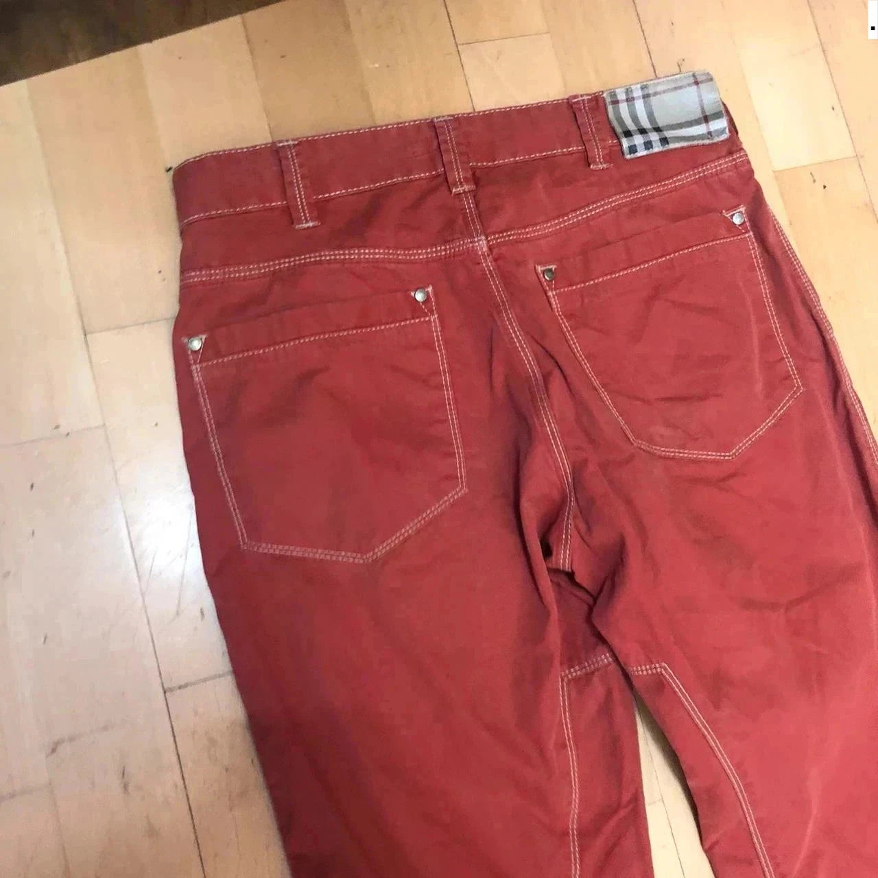 Vintage 00s Red Burberry Trousers Contrast Stitching - Size 18 EU 46