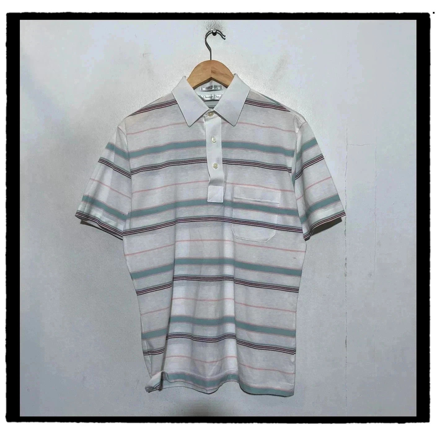 Vintage 80s White & Blue Striped Christian Dior Polo Shirt - Medium
