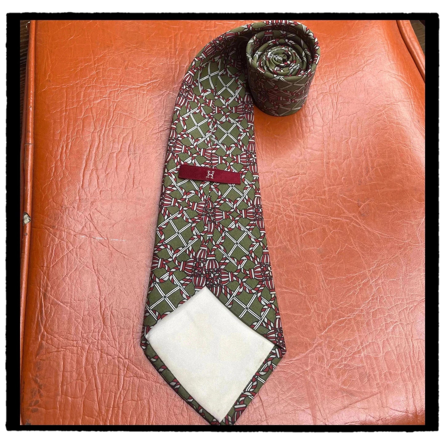 Vintage 90s Hermes Tie Patterned Green Made in France 100% Silk