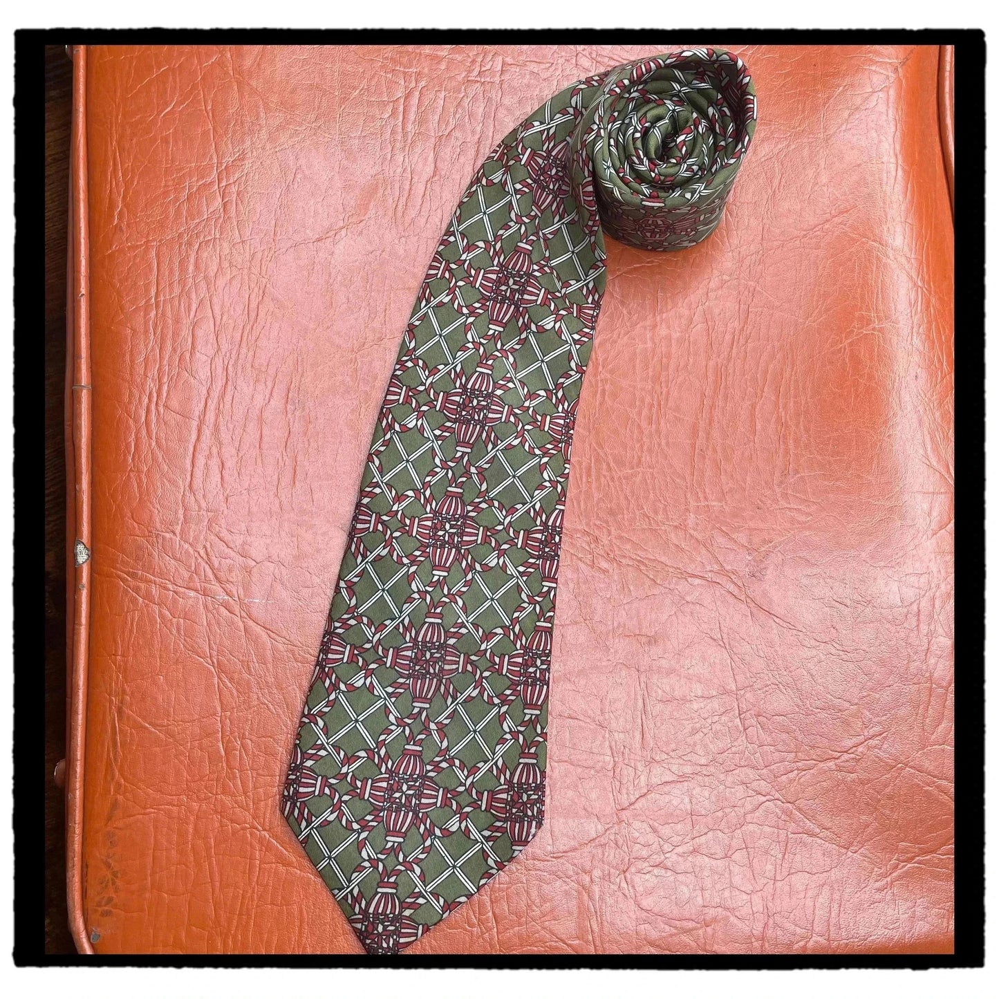 Vintage 90s Hermes Tie Patterned Green Made in France 100% Silk