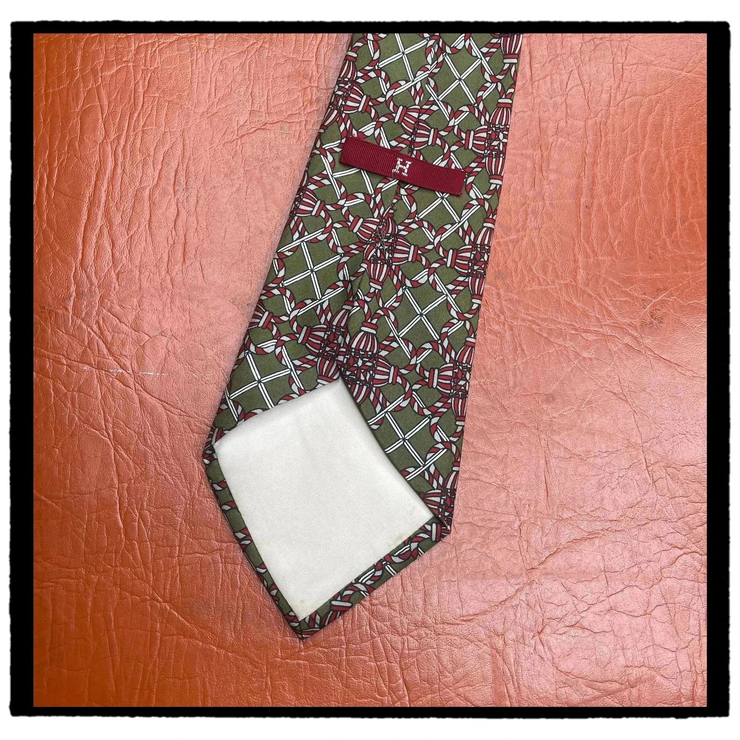 Vintage 90s Hermes Tie Patterned Green Made in France 100% Silk
