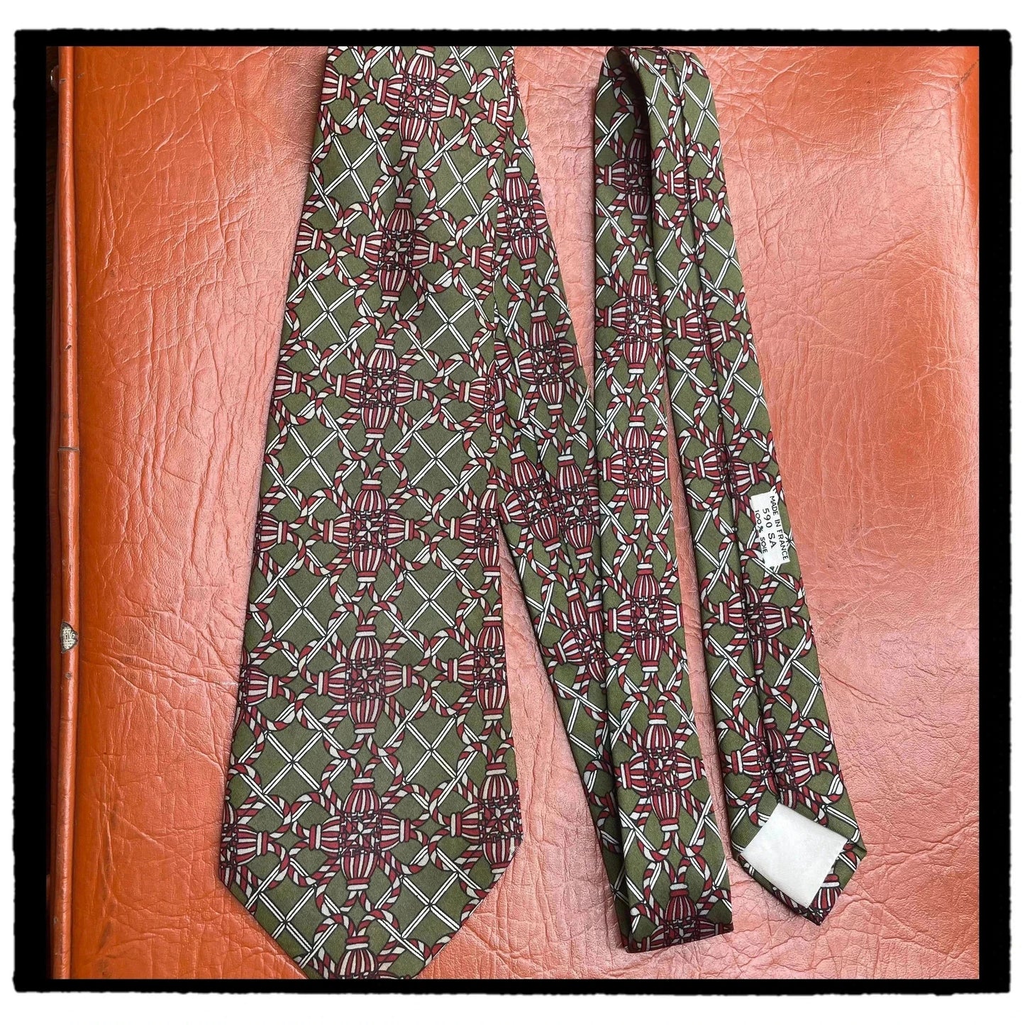 Vintage 90s Hermes Tie Patterned Green Made in France 100% Silk