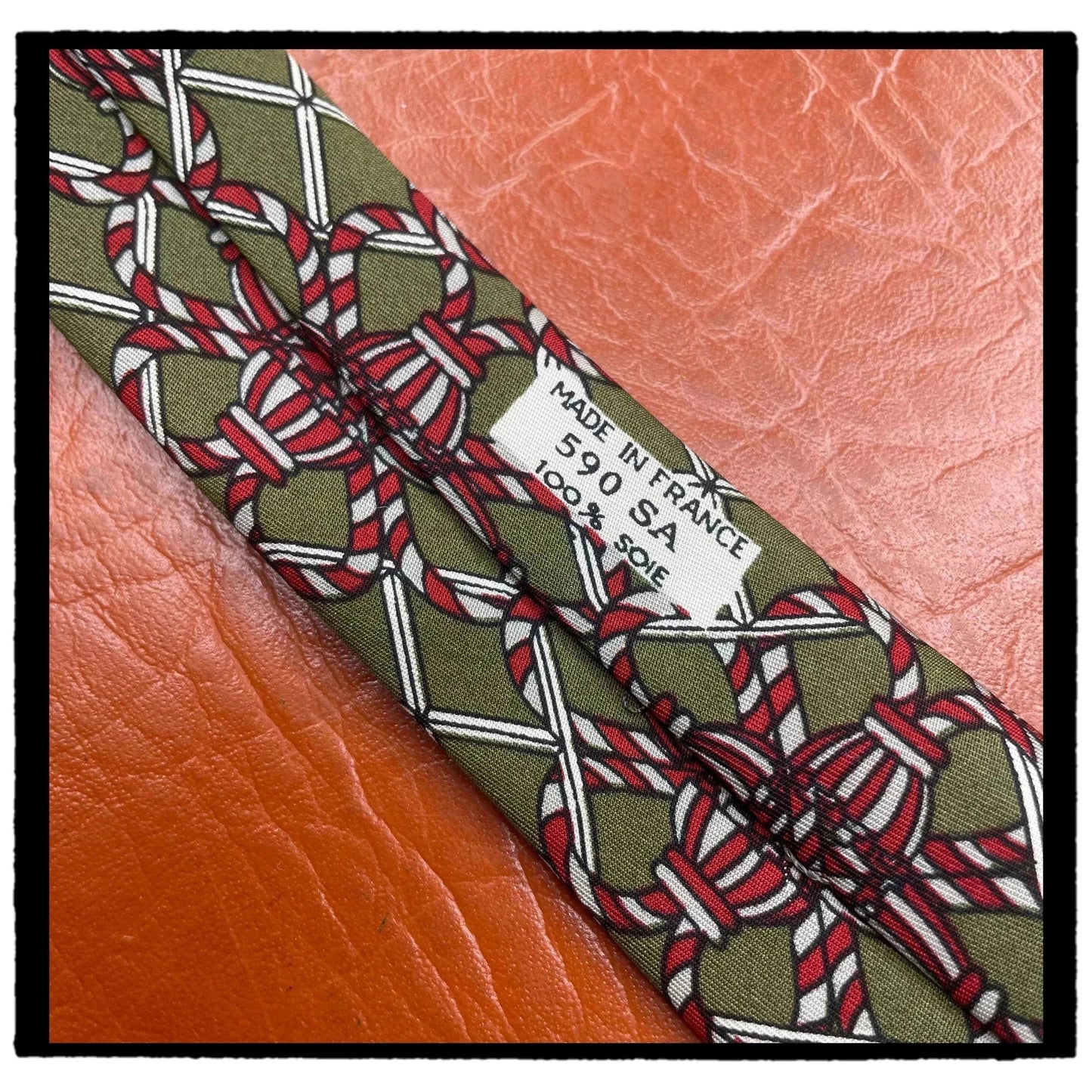 Vintage 90s Hermes Tie Patterned Green Made in France 100% Silk