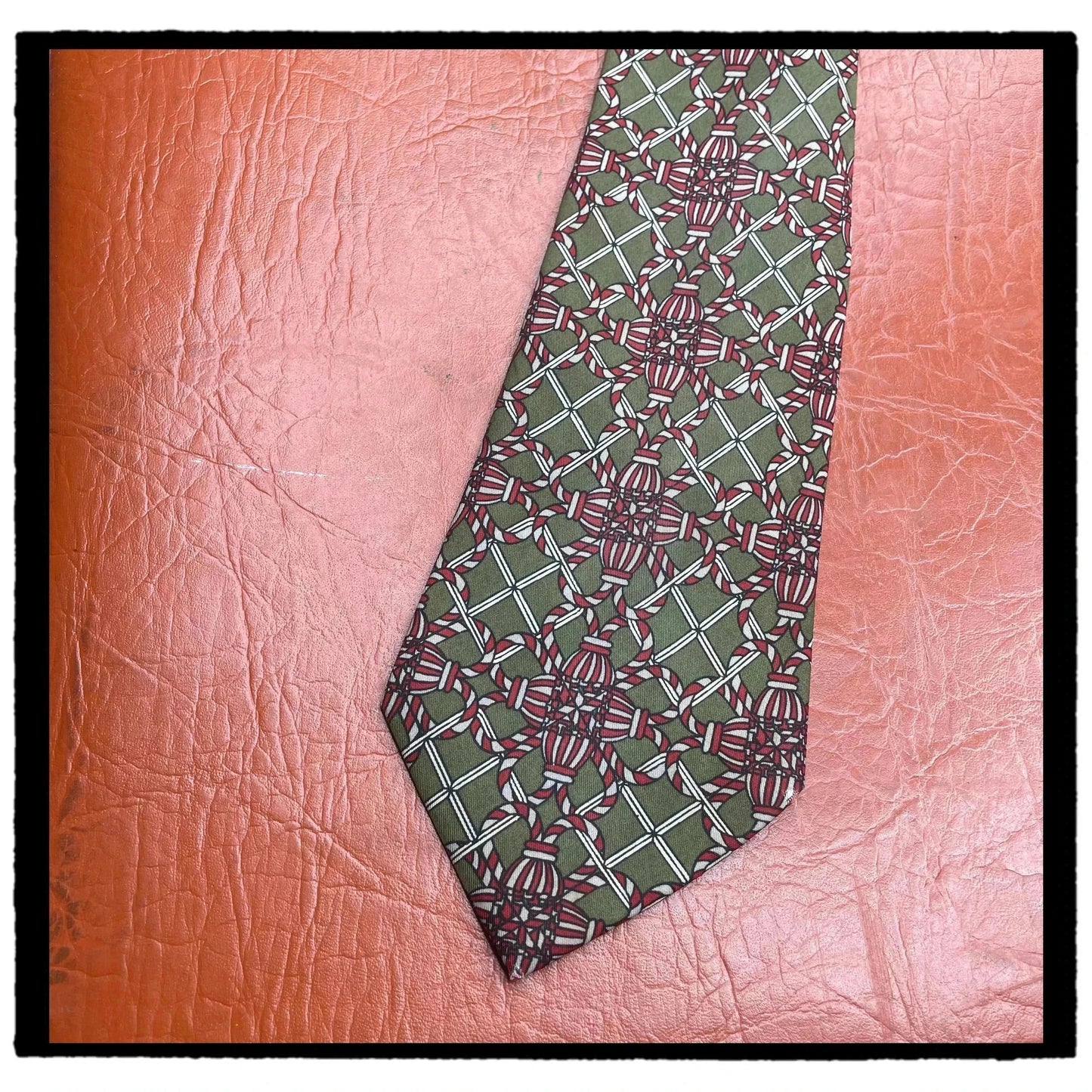 Vintage 90s Hermes Tie Patterned Green Made in France 100% Silk