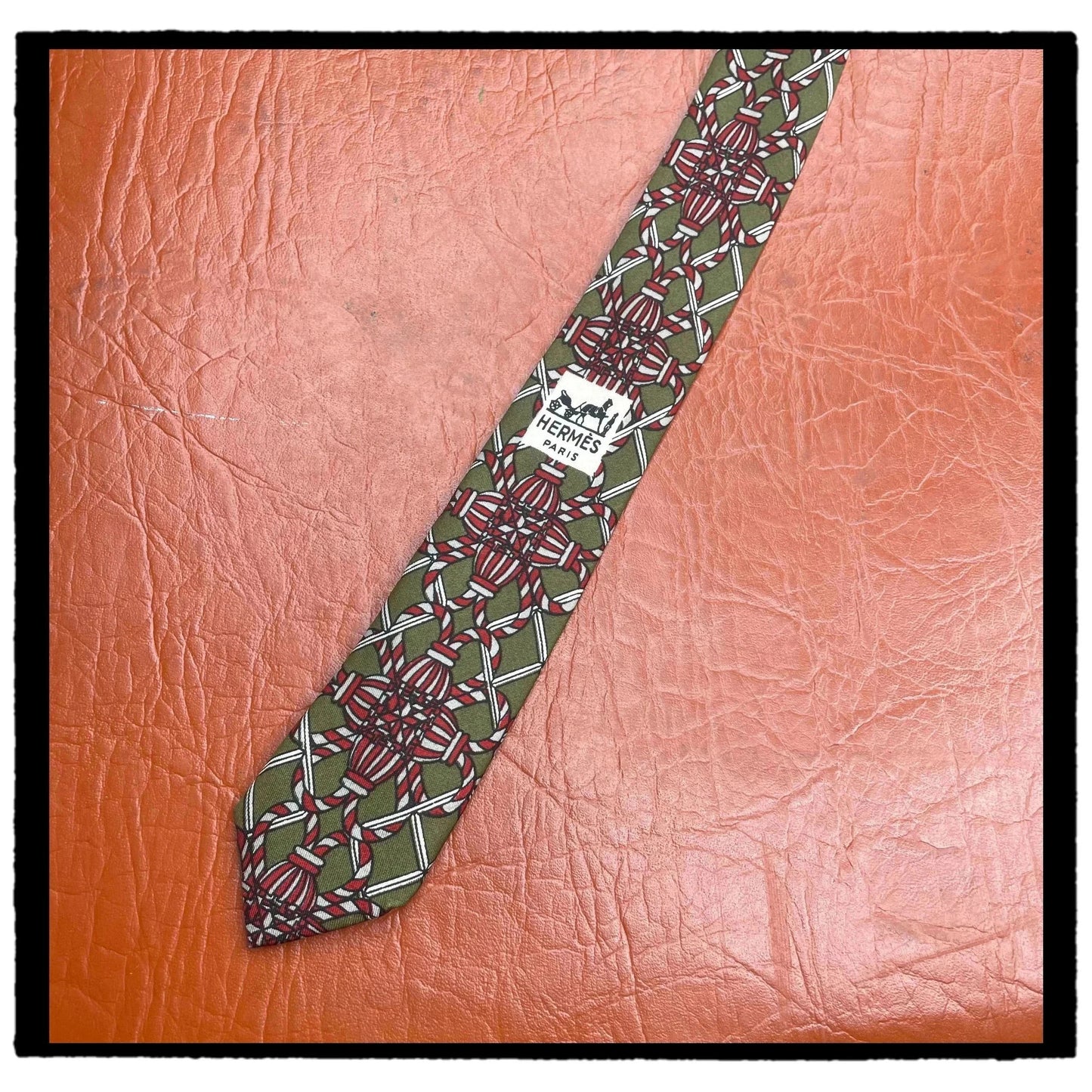 Vintage 90s Hermes Tie Patterned Green Made in France 100% Silk