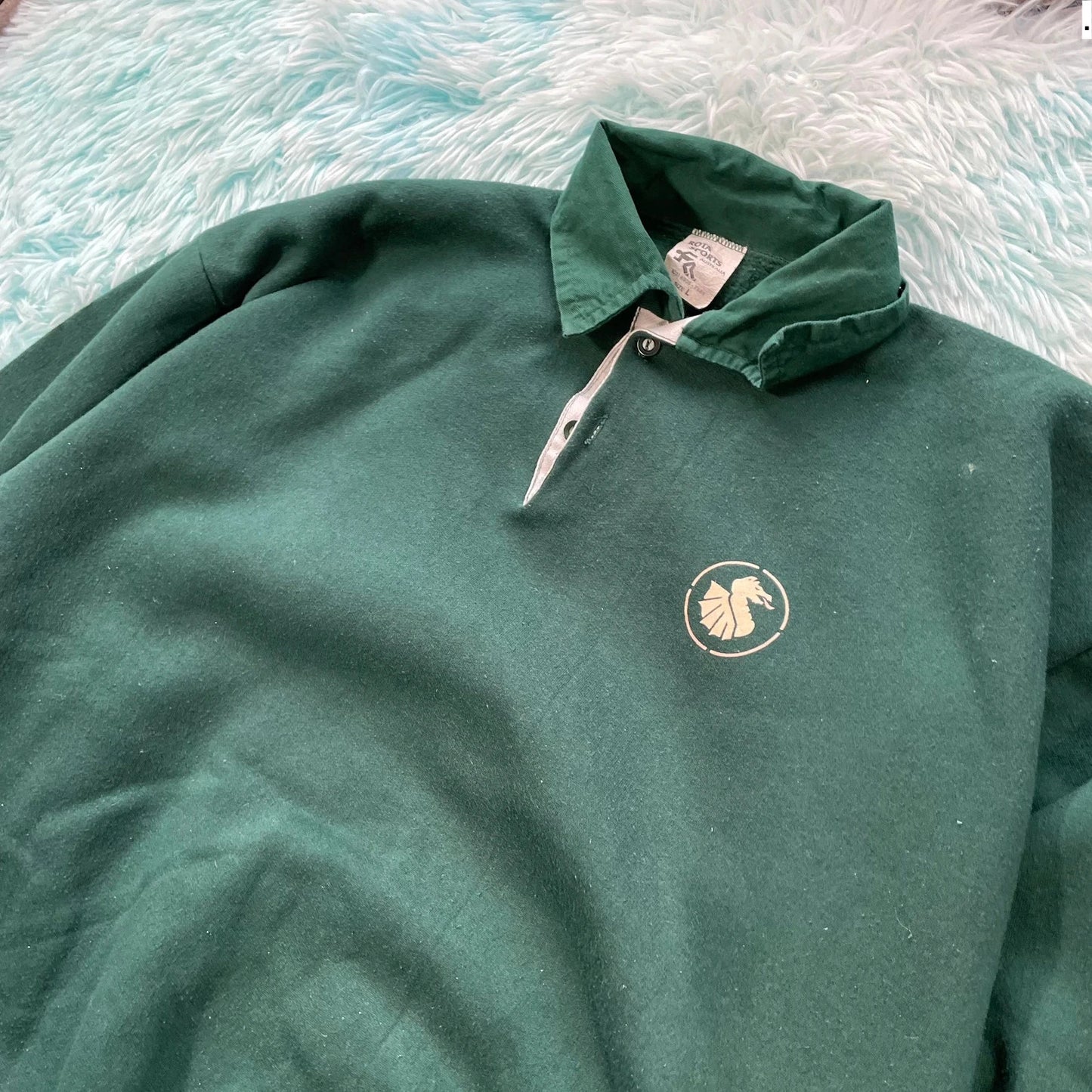 Vintage 90s Green Collared Sweatshirt Rugby - Large