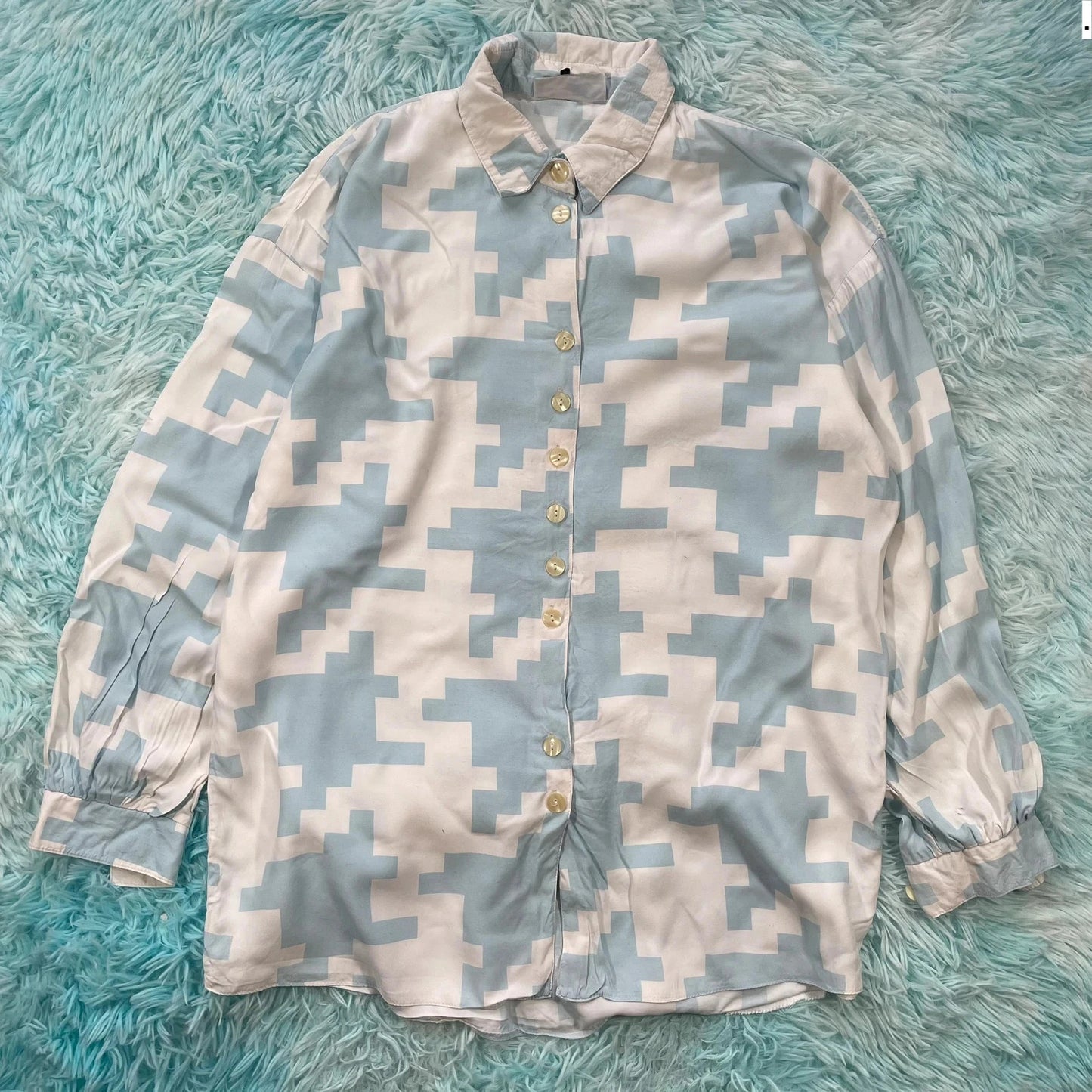 Vintage 90s Blue & White Dogtooth Funky Silk Shirt - XL