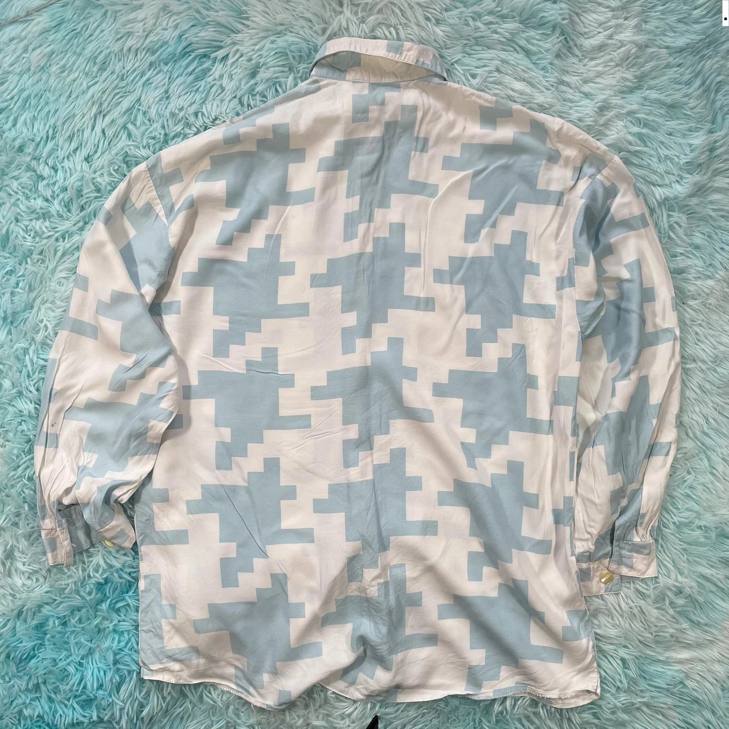 Vintage 90s Blue & White Dogtooth Funky Silk Shirt - XL
