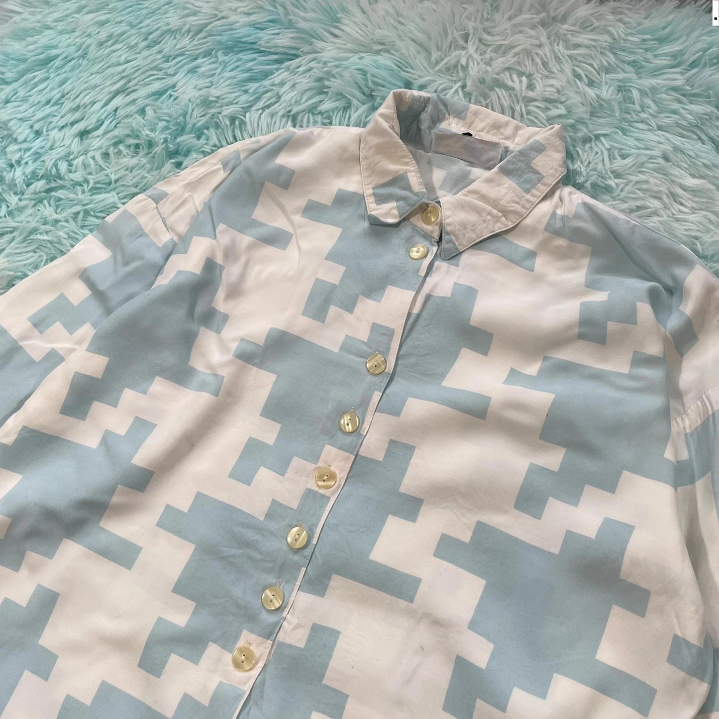 Vintage 90s Blue & White Dogtooth Funky Silk Shirt - XL