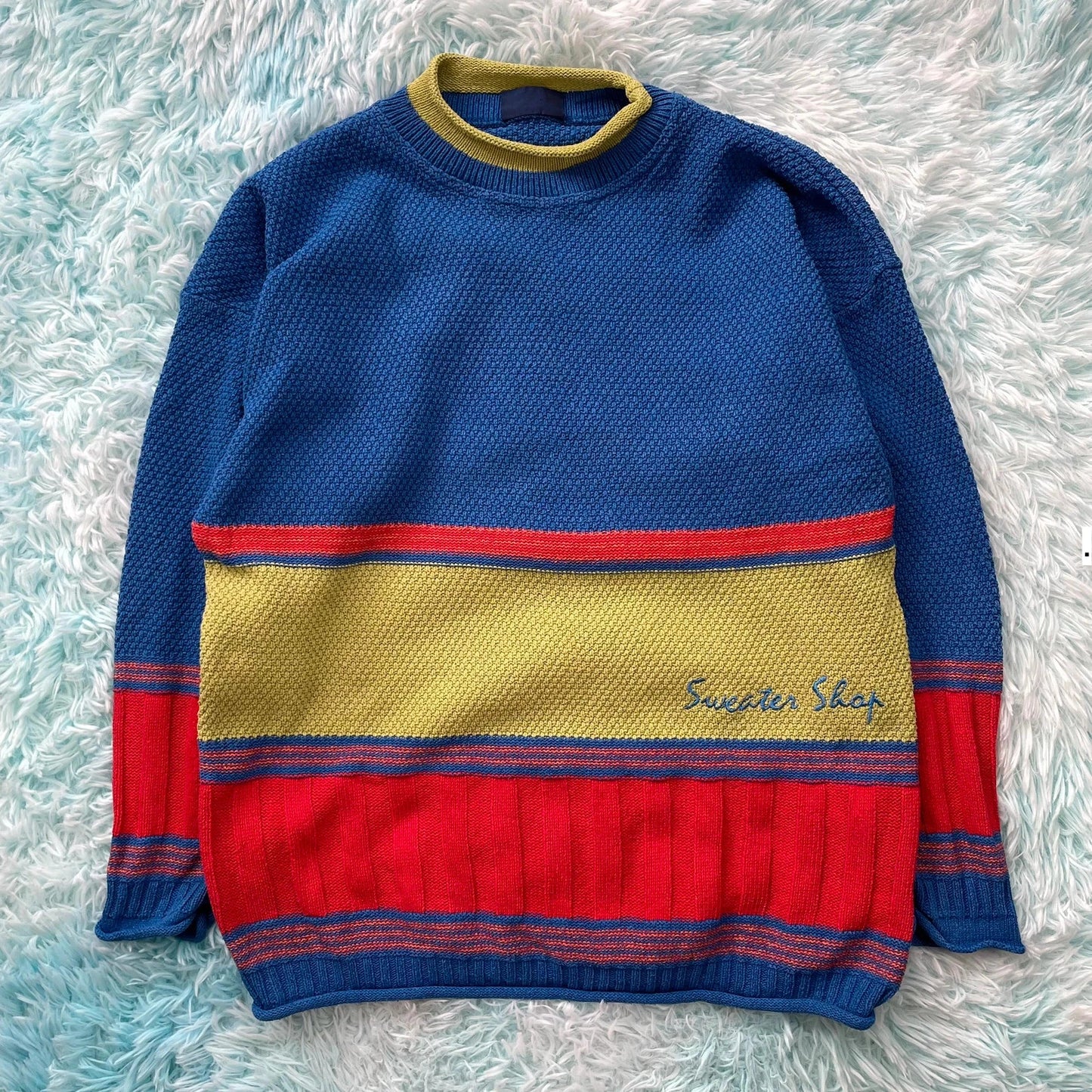 Vintage 90s Blue & Green Sweater Shop Knitted Jumper - Large