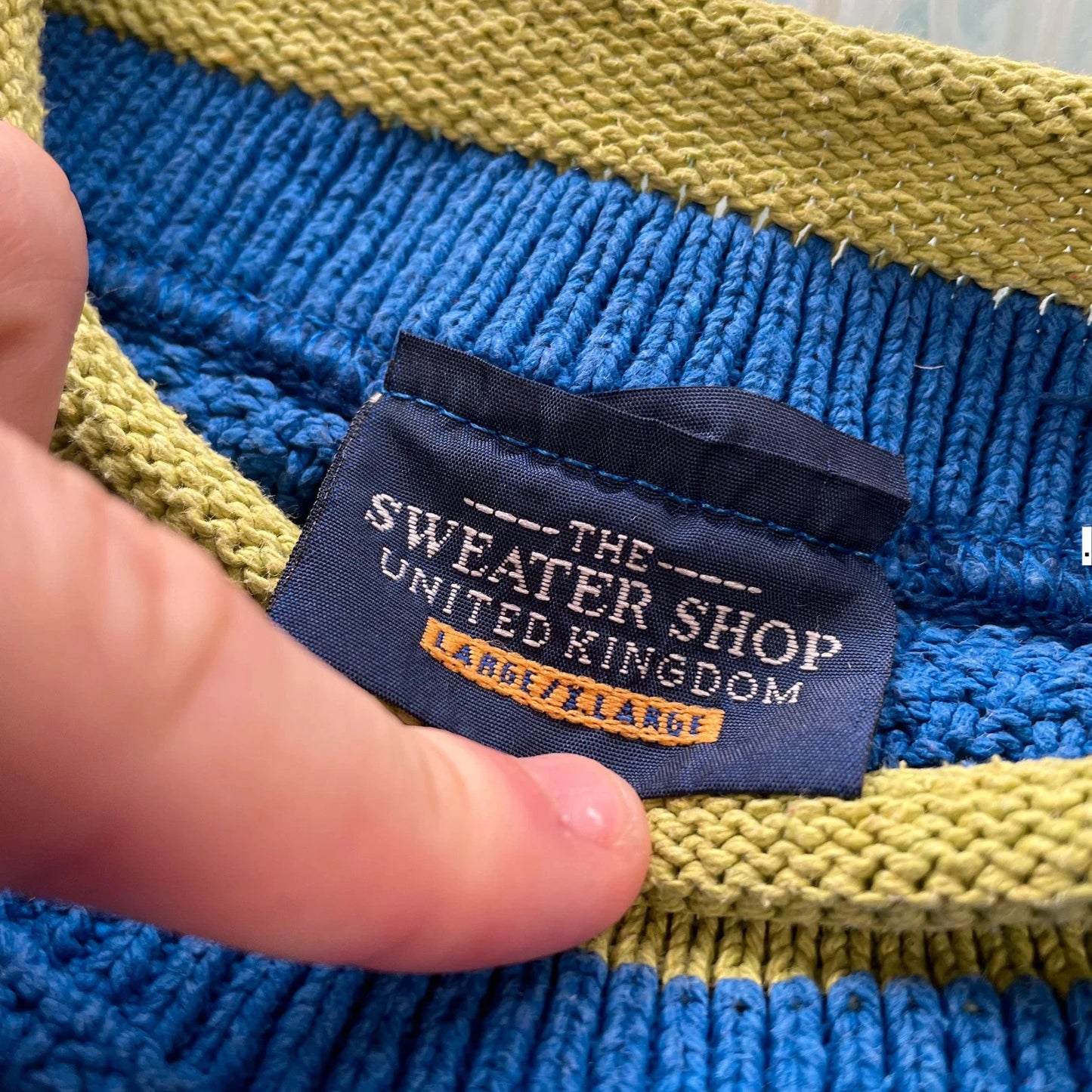 Vintage 90s Blue & Green Sweater Shop Knitted Jumper - Large