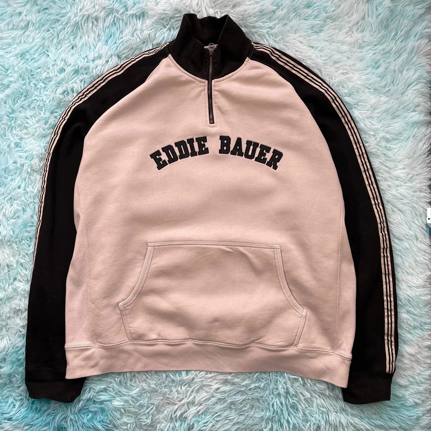 Vintage 90s Beige & Black Eddie Bauer 1/4 Zip Sweatshirt - XL