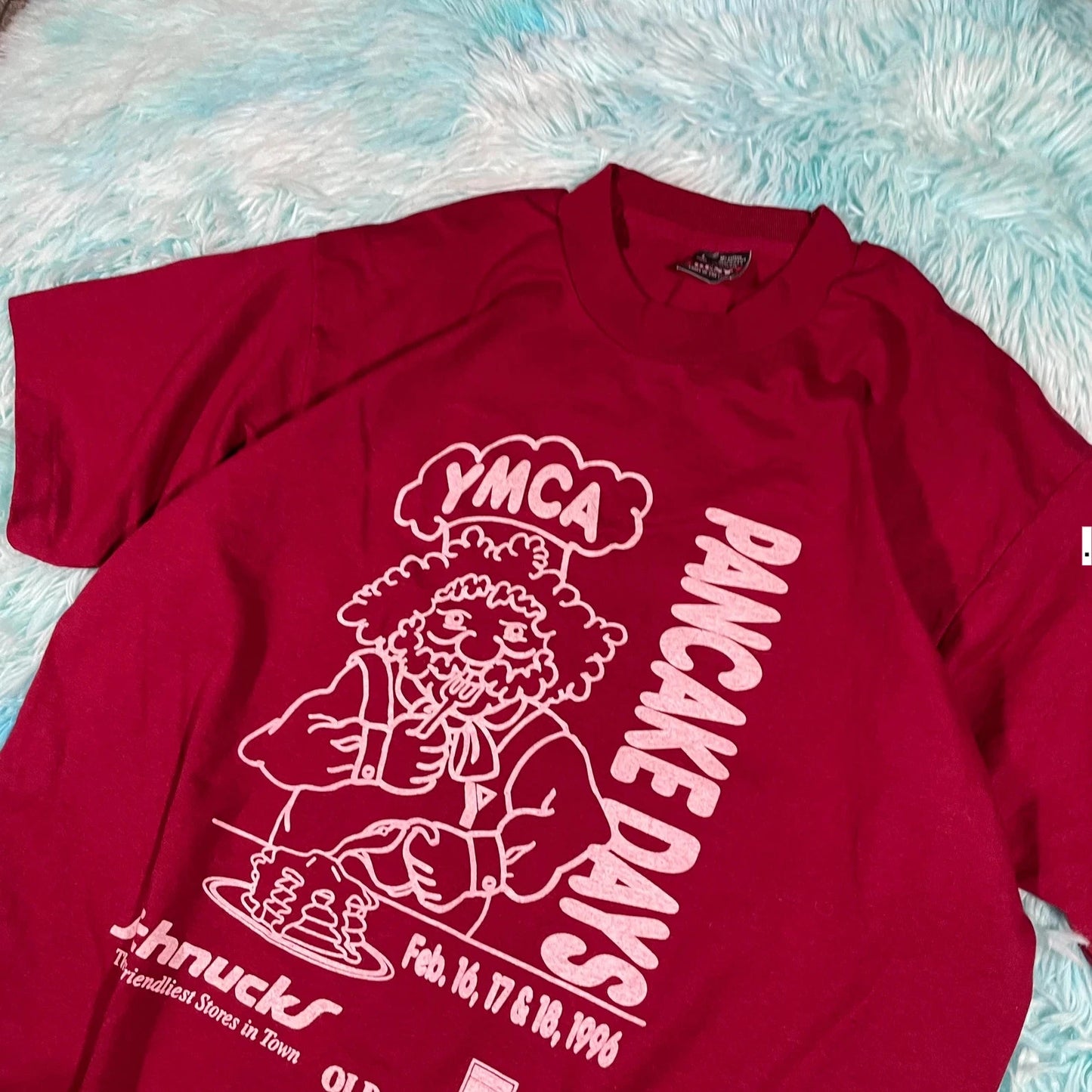 Vintage 90s Maroon Pancake Day YMCA Graphic T Shirt - Large
