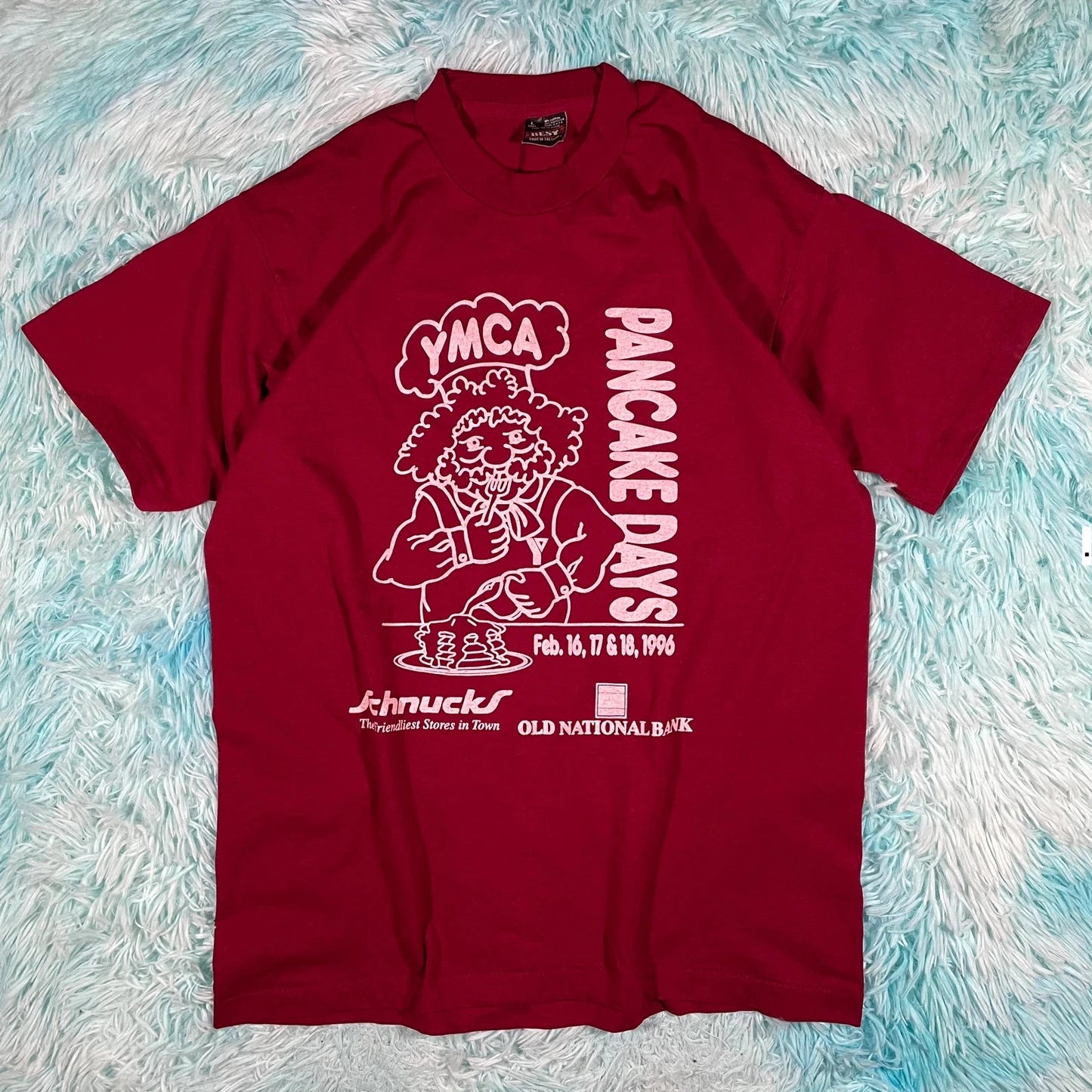 Vintage 90s Maroon Pancake Day YMCA Graphic T Shirt - Large