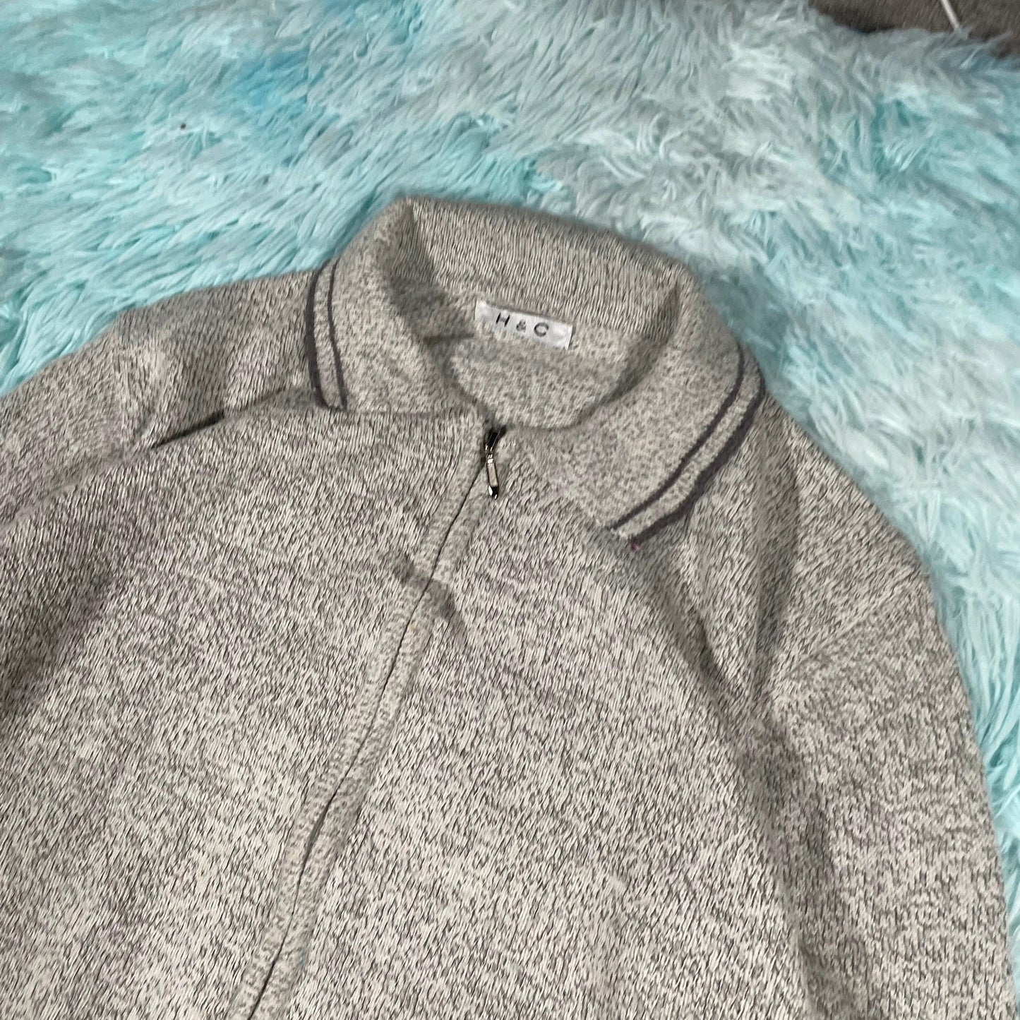 Vintage 00s Grey Linen Full Zip Jumper - Size 10