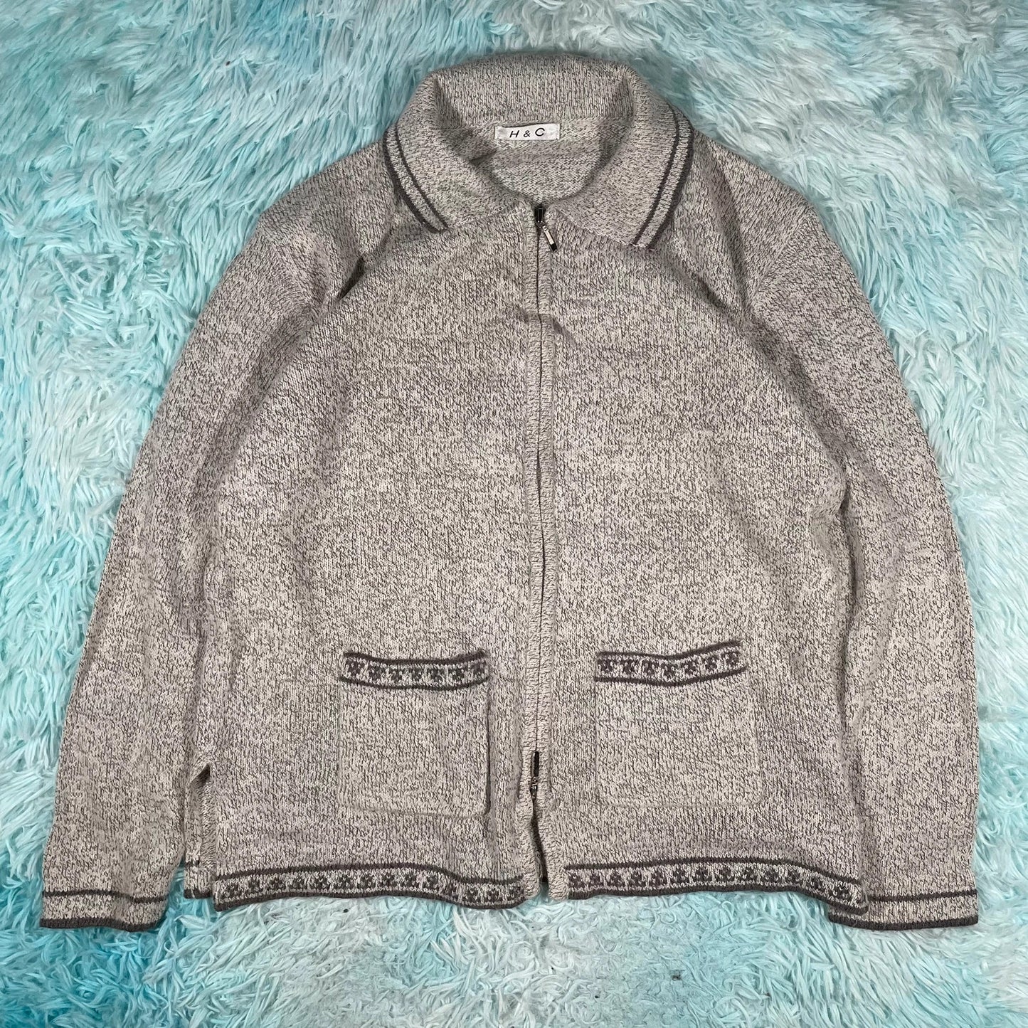 Vintage 00s Grey Linen Full Zip Jumper - Size 10