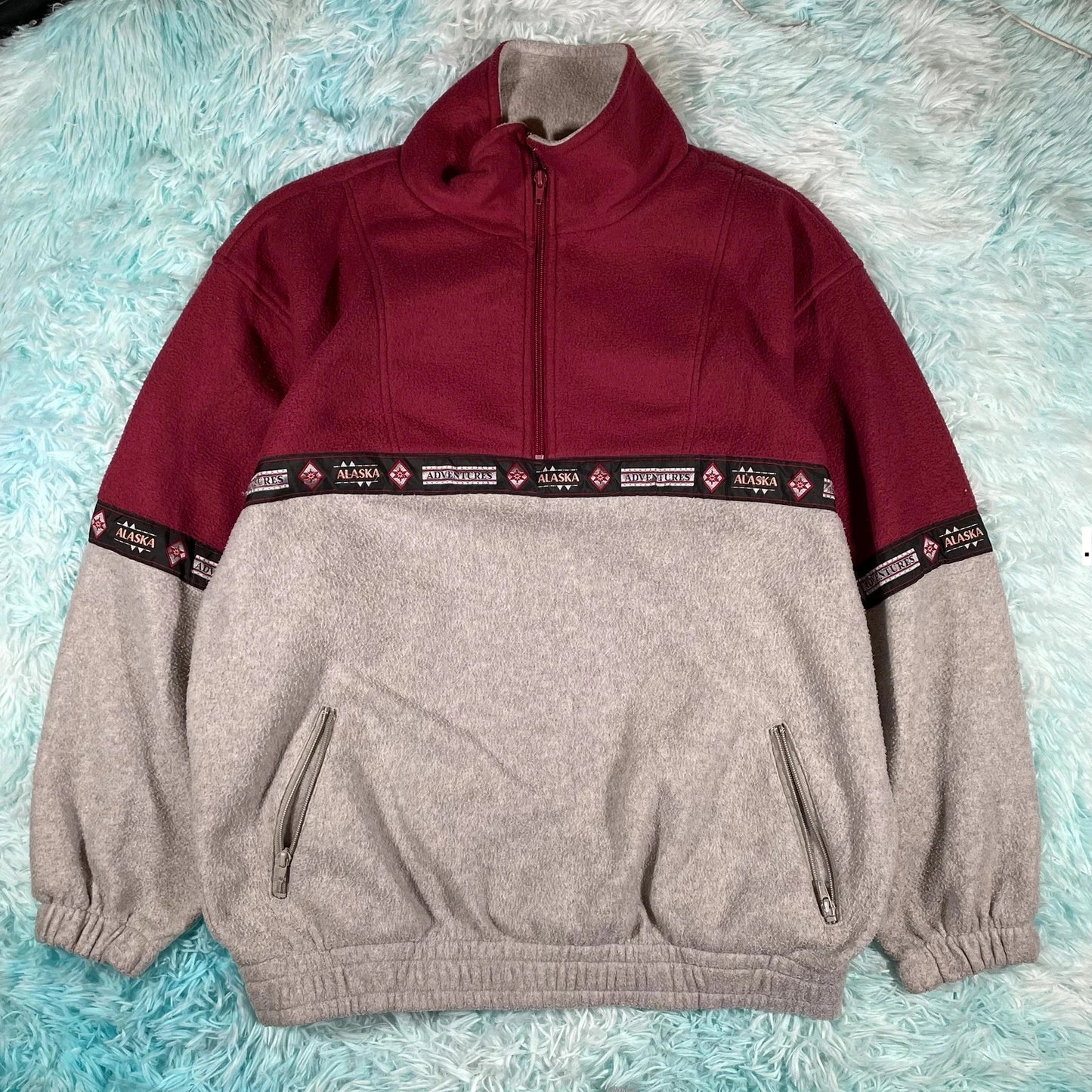 Vintage 90s Red & Grey 1/4 Zip Fleece Patterned - Medium