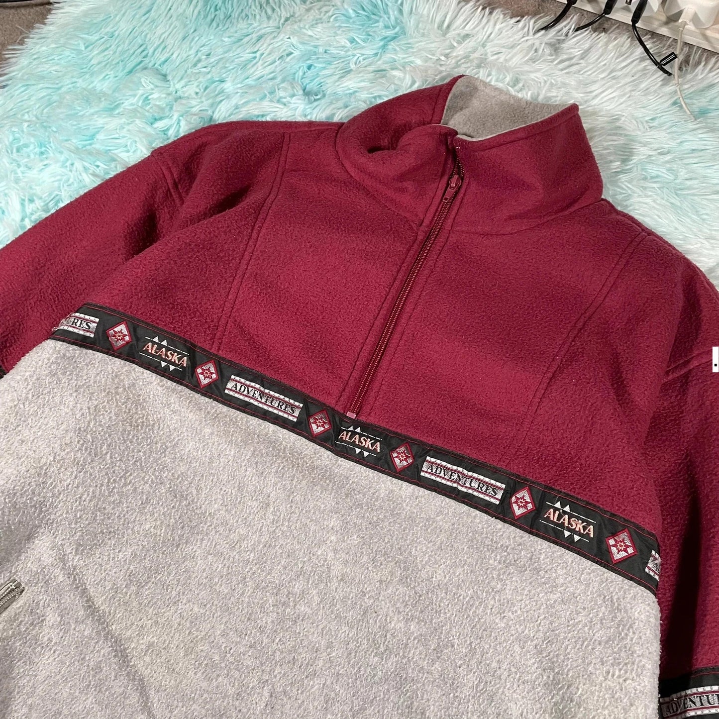 Vintage 90s Red & Grey 1/4 Zip Fleece Patterned - Medium