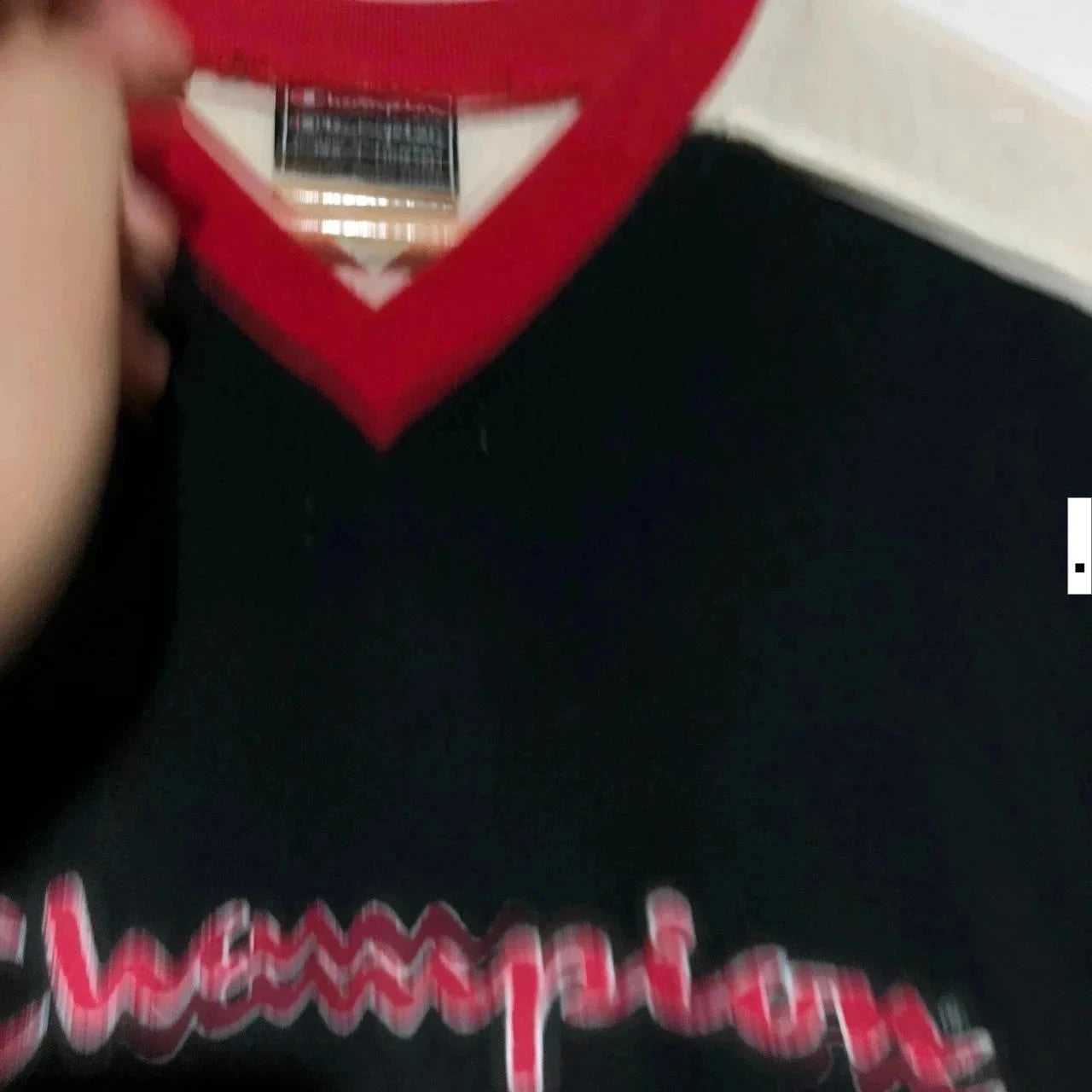 Vintage Black Champion V Neck T Shirt Spellout - XS