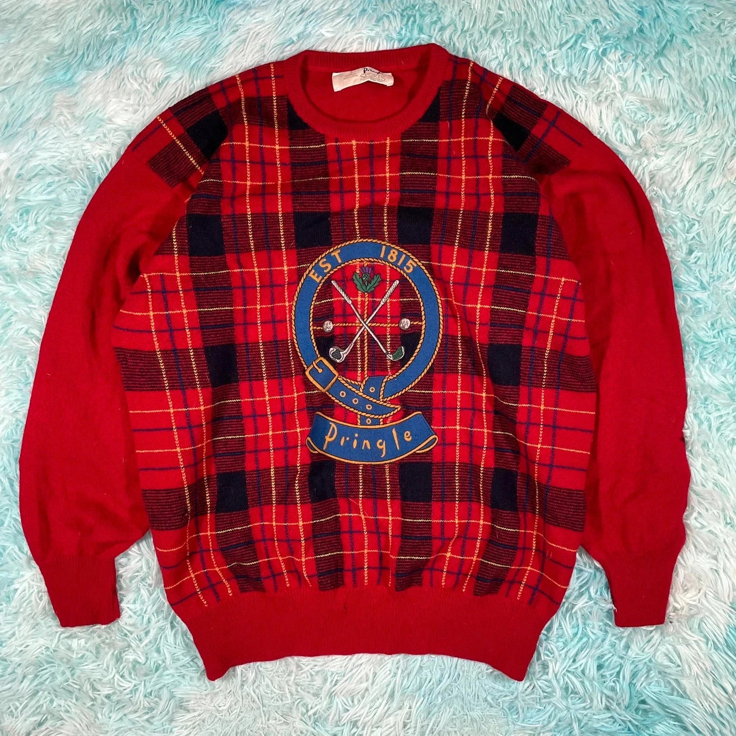 Vintage 90s Red Pringle Golf Tartan Jumper - M