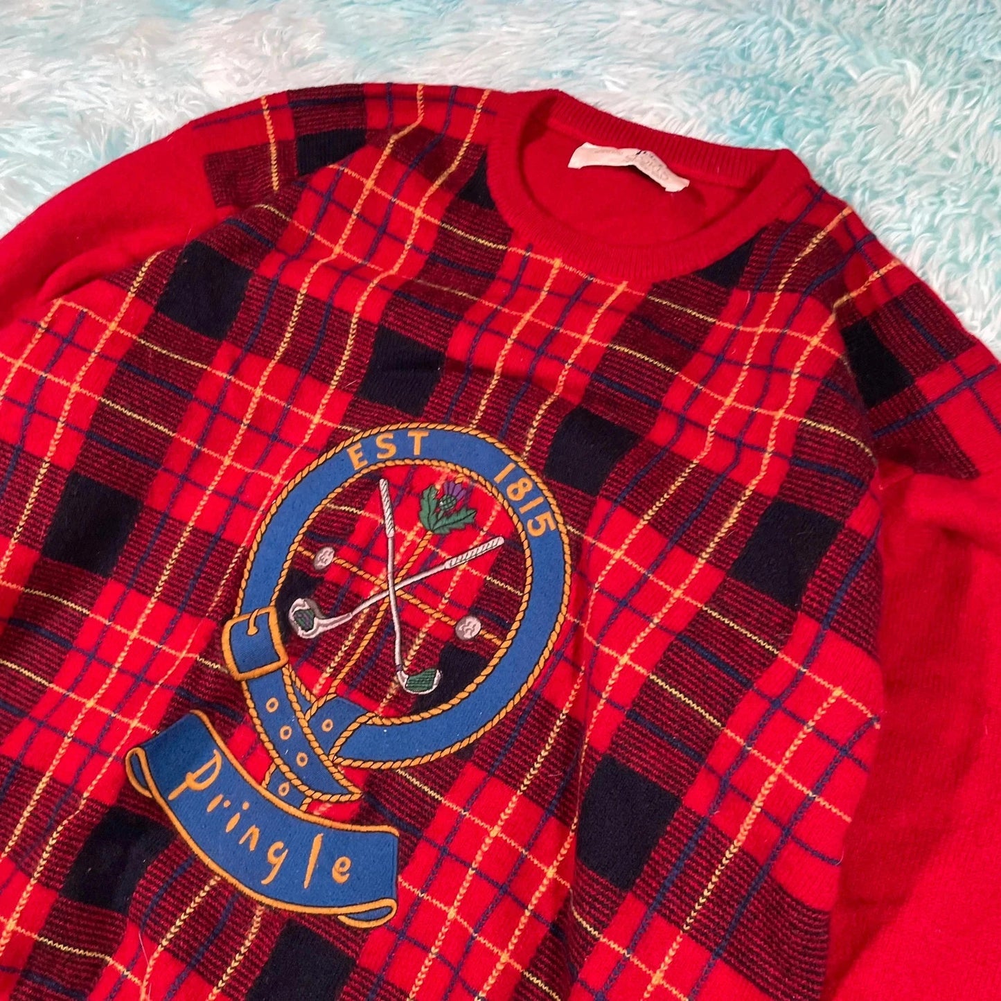Vintage 90s Red Pringle Golf Tartan Jumper - M