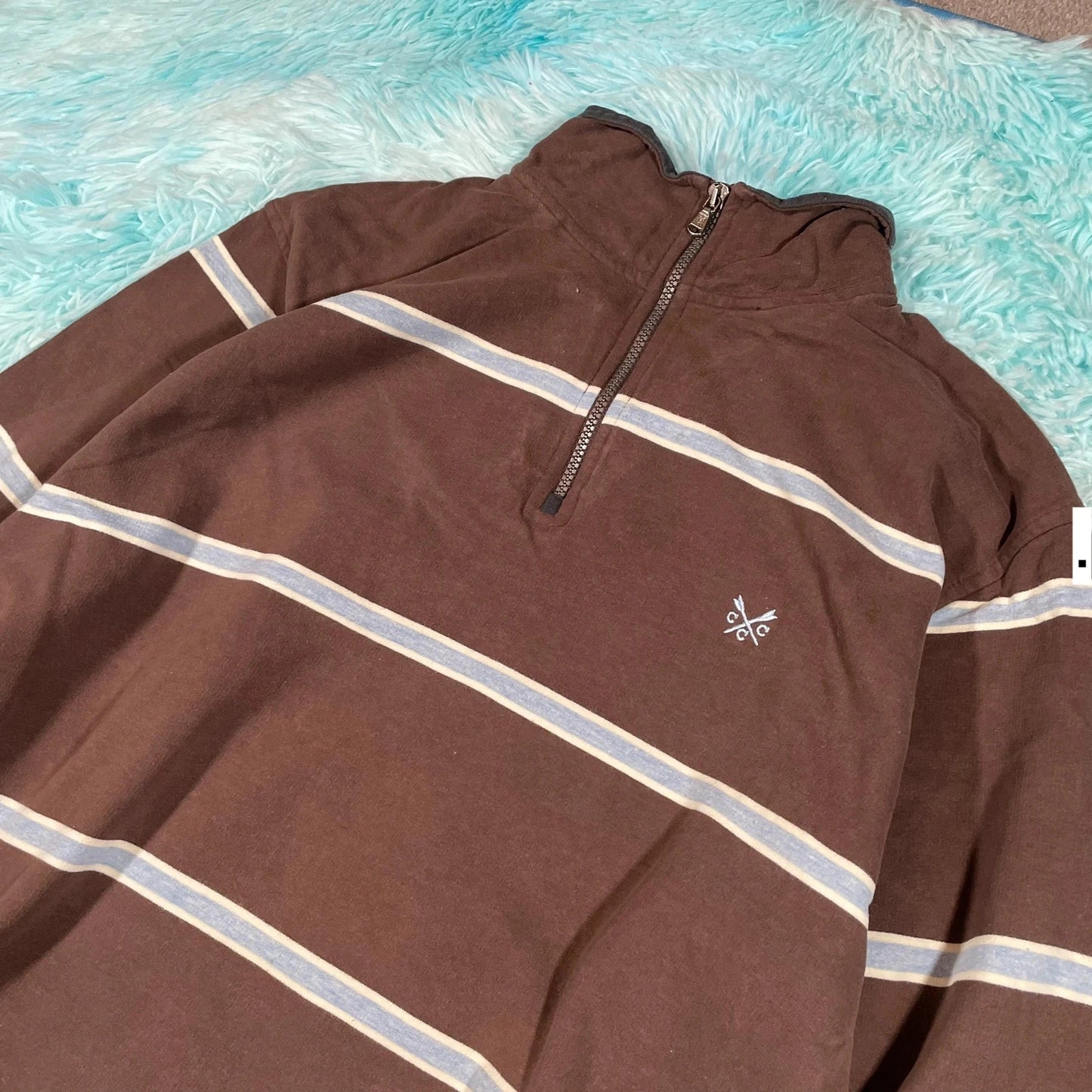 Vintage Brown Striped Crew 1/4 Zip Sweatshirt - Medium