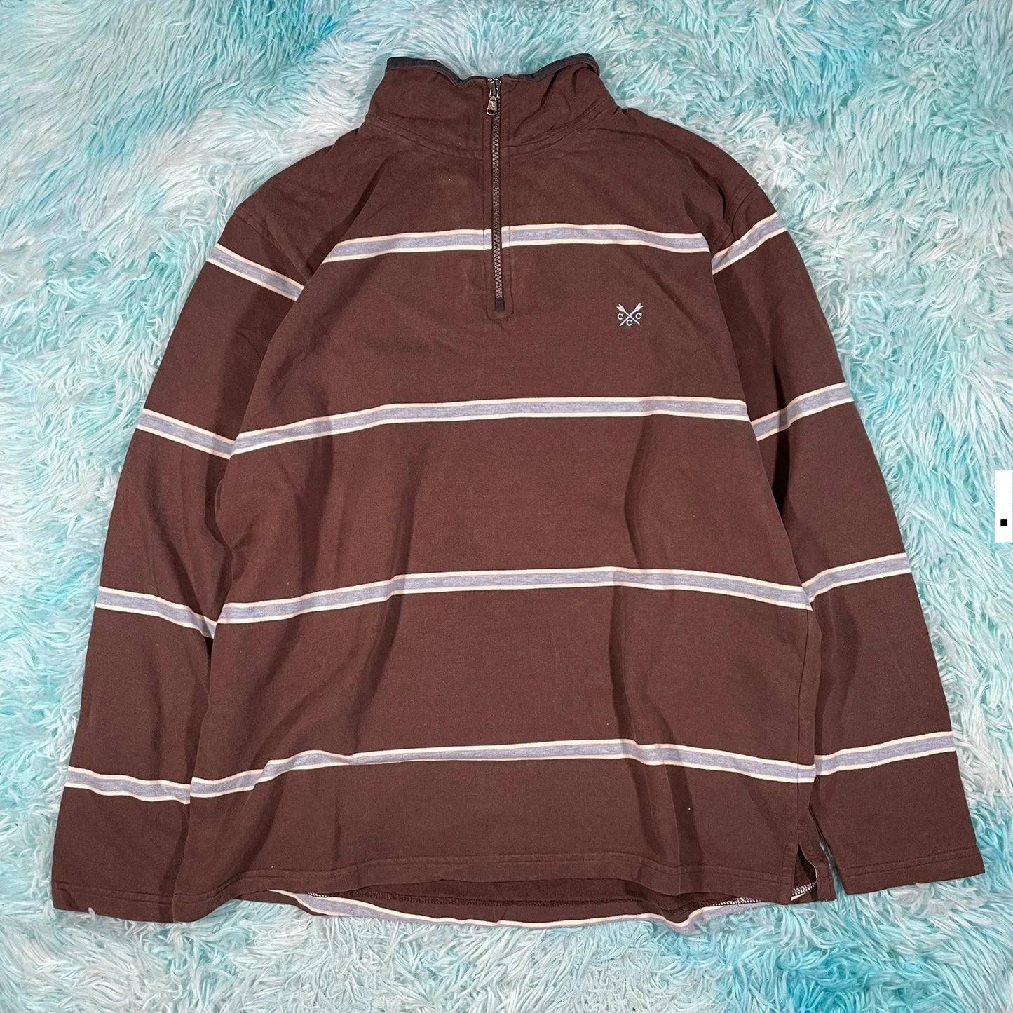 Vintage Brown Striped Crew 1/4 Zip Sweatshirt - Medium