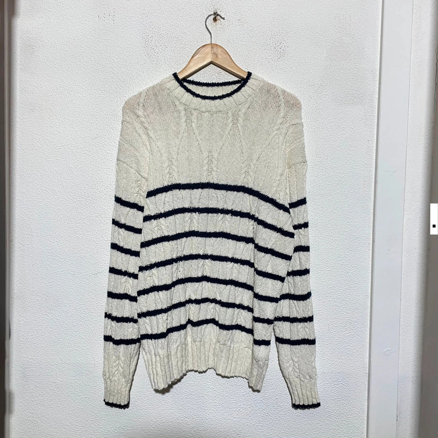Cream & Navy Striped Gant Knitted Jumper Linen Blend - Large