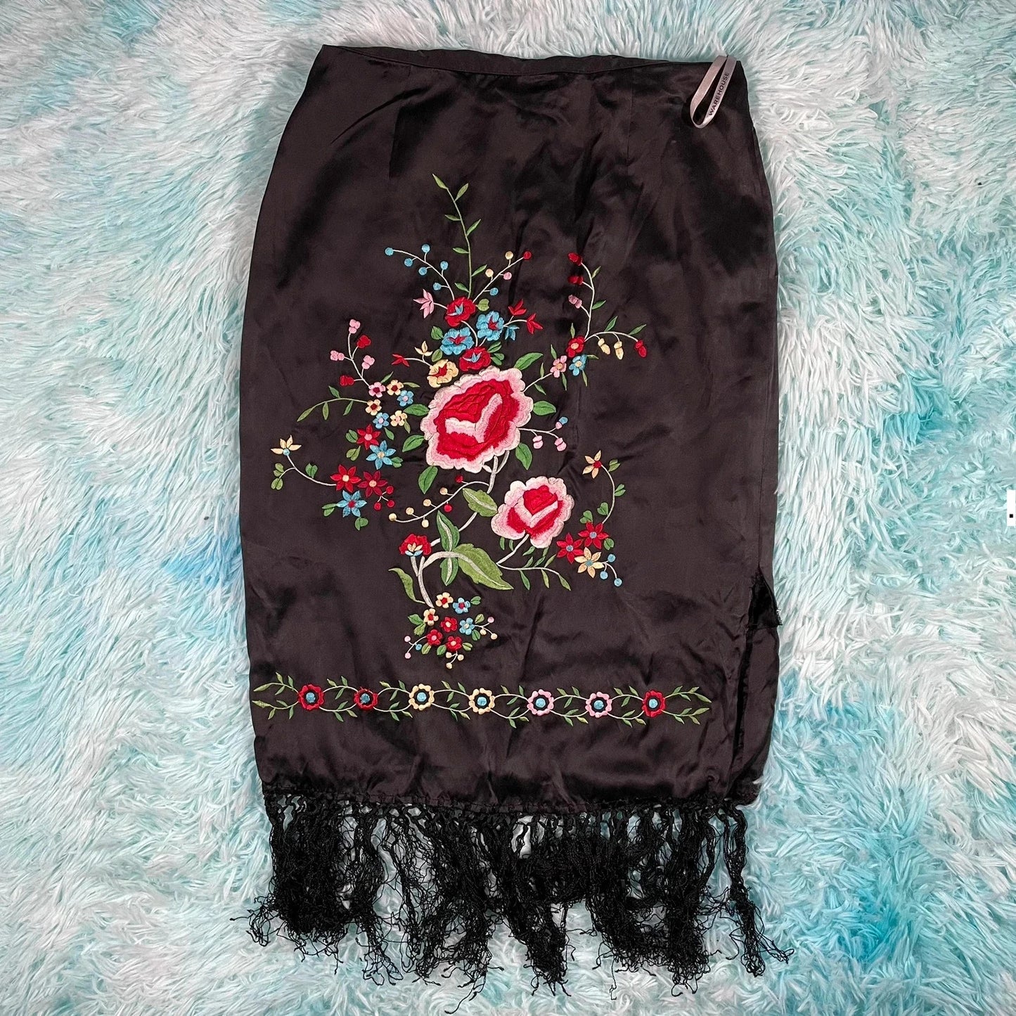 Black Floral Warehouse Silk Pencil Skirt - Size 10