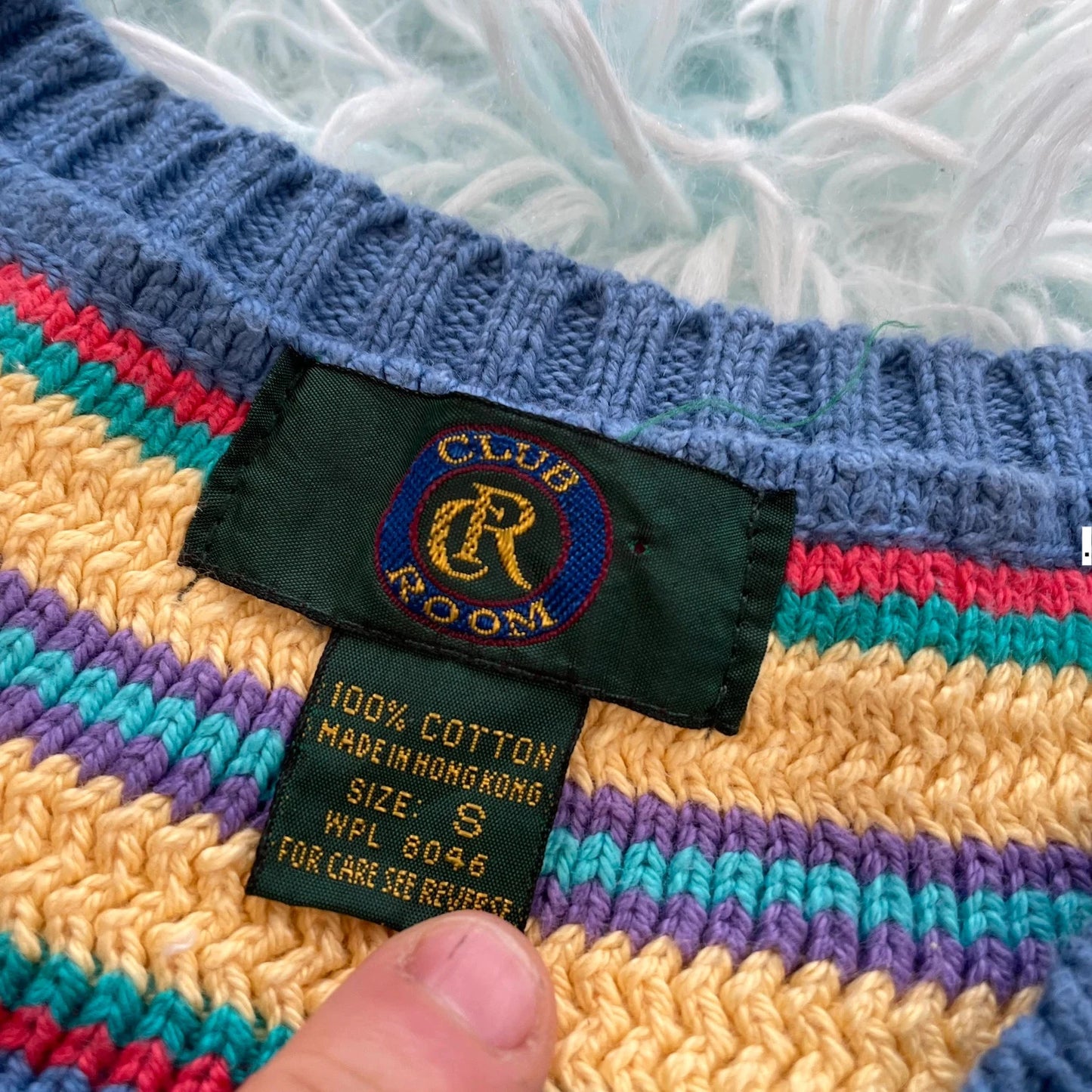 Vintage 90s Blue Cable Knit V Neck Jumper - Small