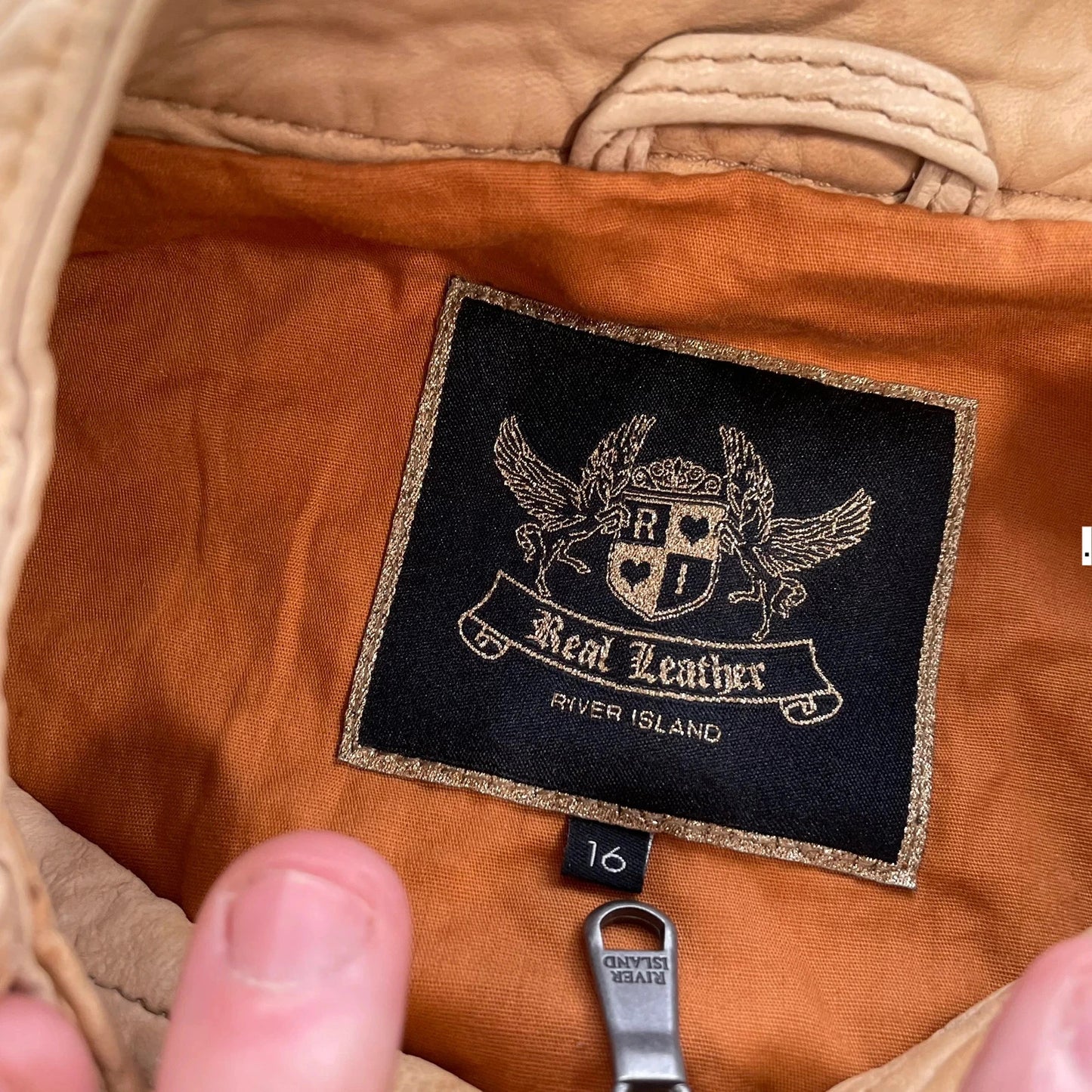 Vintage Tan River Island Fitted Leather Jacket - Size 16