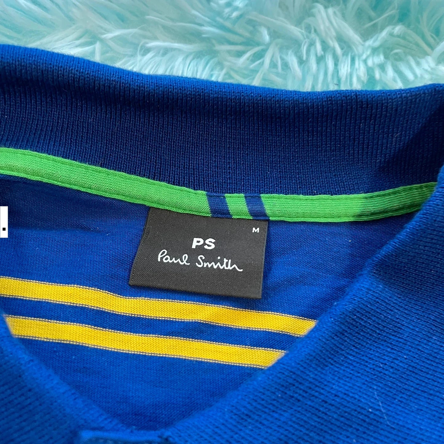 Blue & Yellow Striped Paul Smith Polo Shirt Long Sleeve - Medium