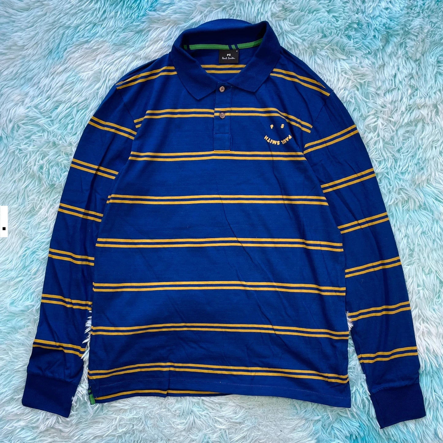 Blue & Yellow Striped Paul Smith Polo Shirt Long Sleeve - Medium