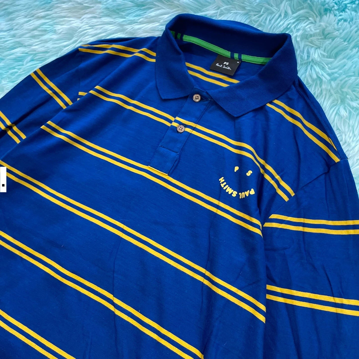 Blue & Yellow Striped Paul Smith Polo Shirt Long Sleeve - Medium