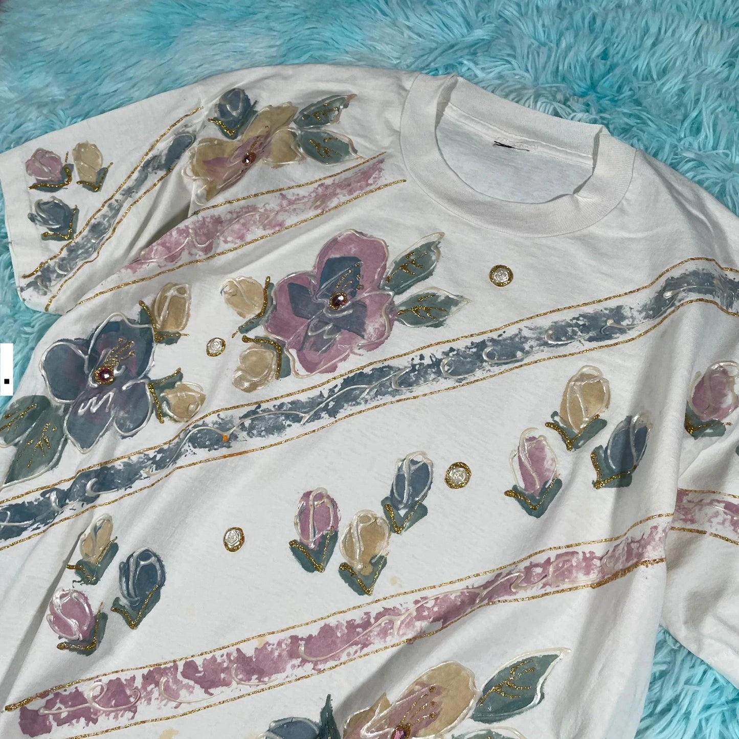 Vintage 80s White Floral Print T Shirt - XL