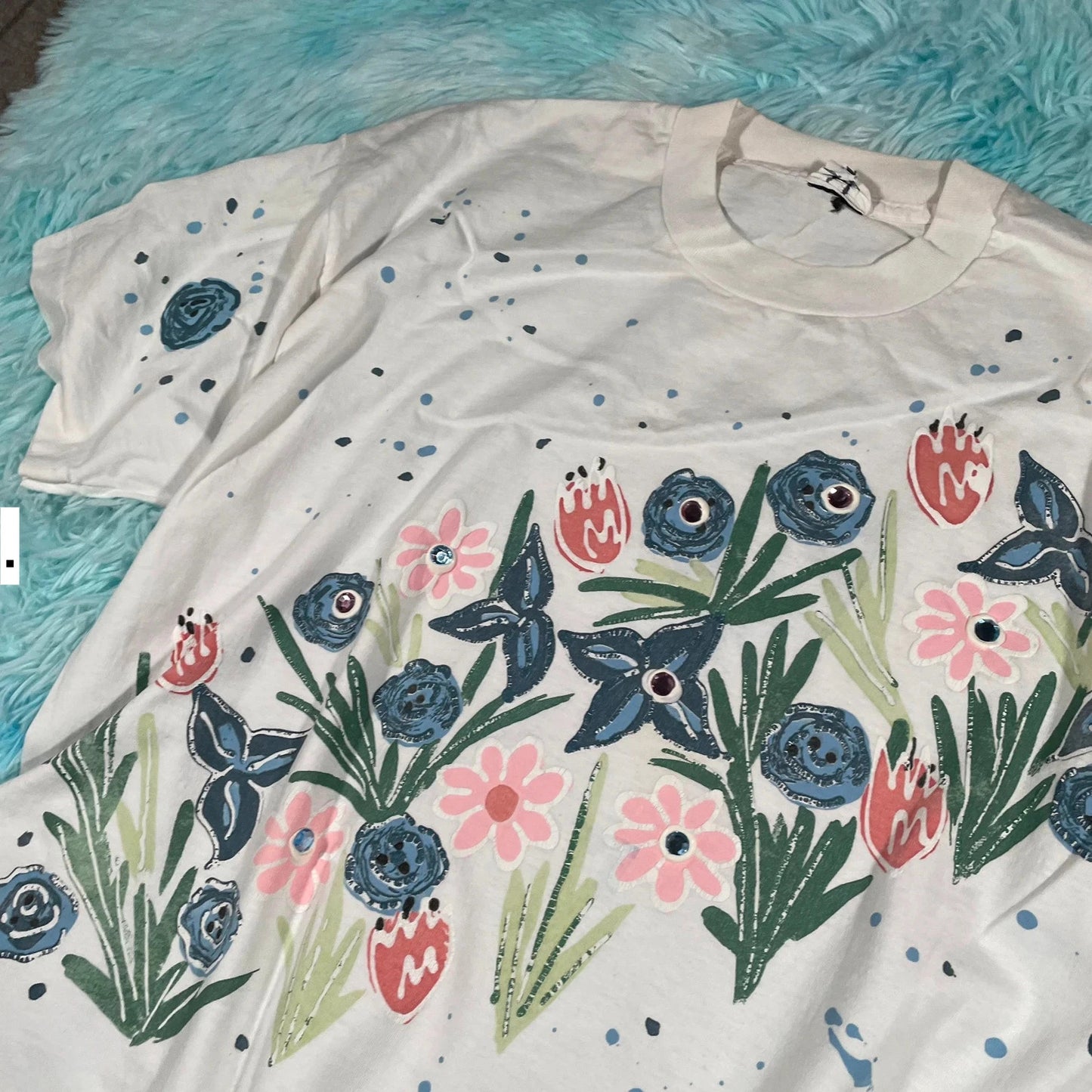 Vintage 80s White Floral Graphic T Shirt - Large