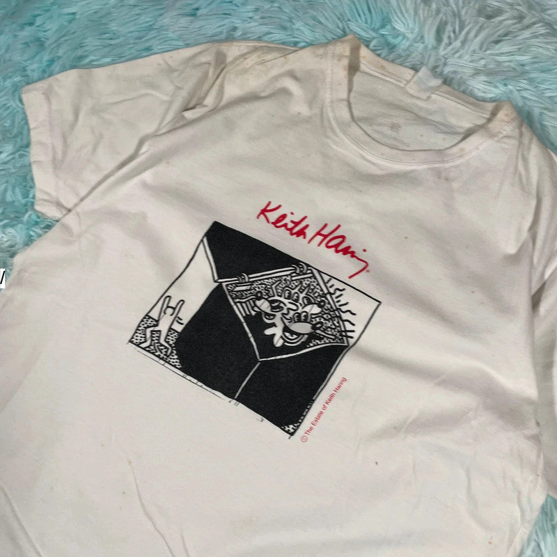 Vintage 00s White Keith Haring Graphic T Shirt - Small